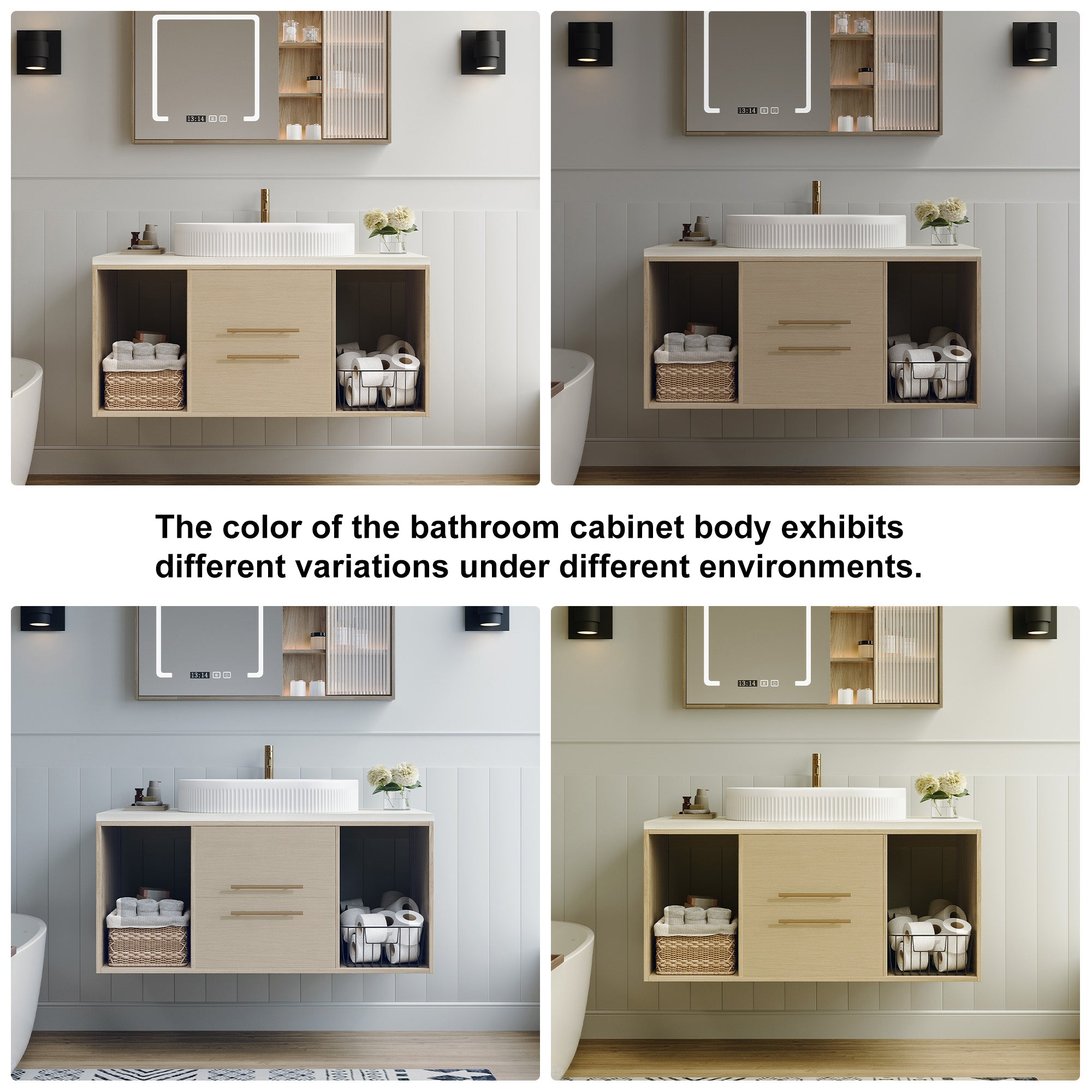39.3" Wall-Mount Floating Bathroom Vanity with Oval Ceramic Sink