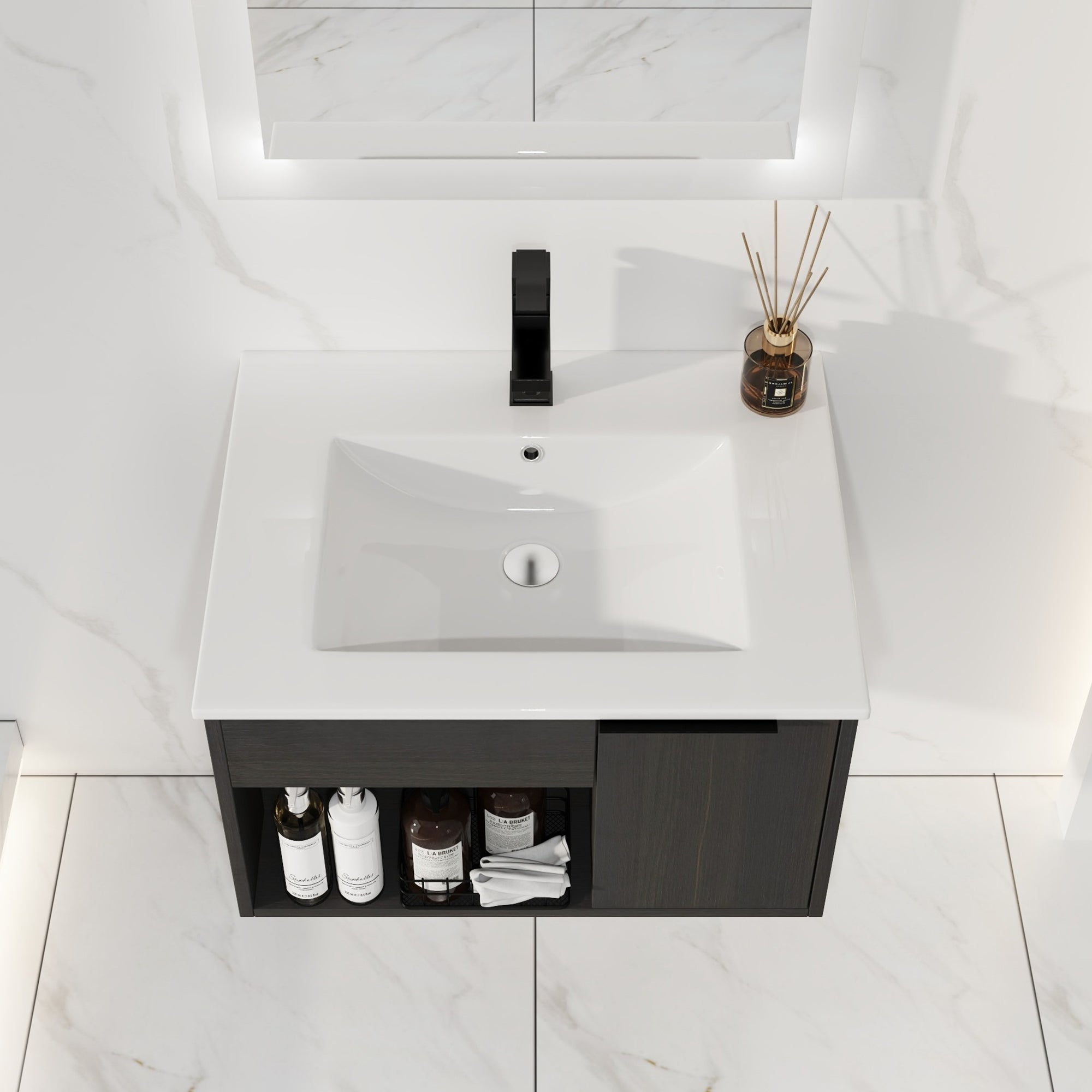 24" Wall-Mount Floating Bathroom Vanity with Integrated Ceramic Sink, Dark Oak (H)