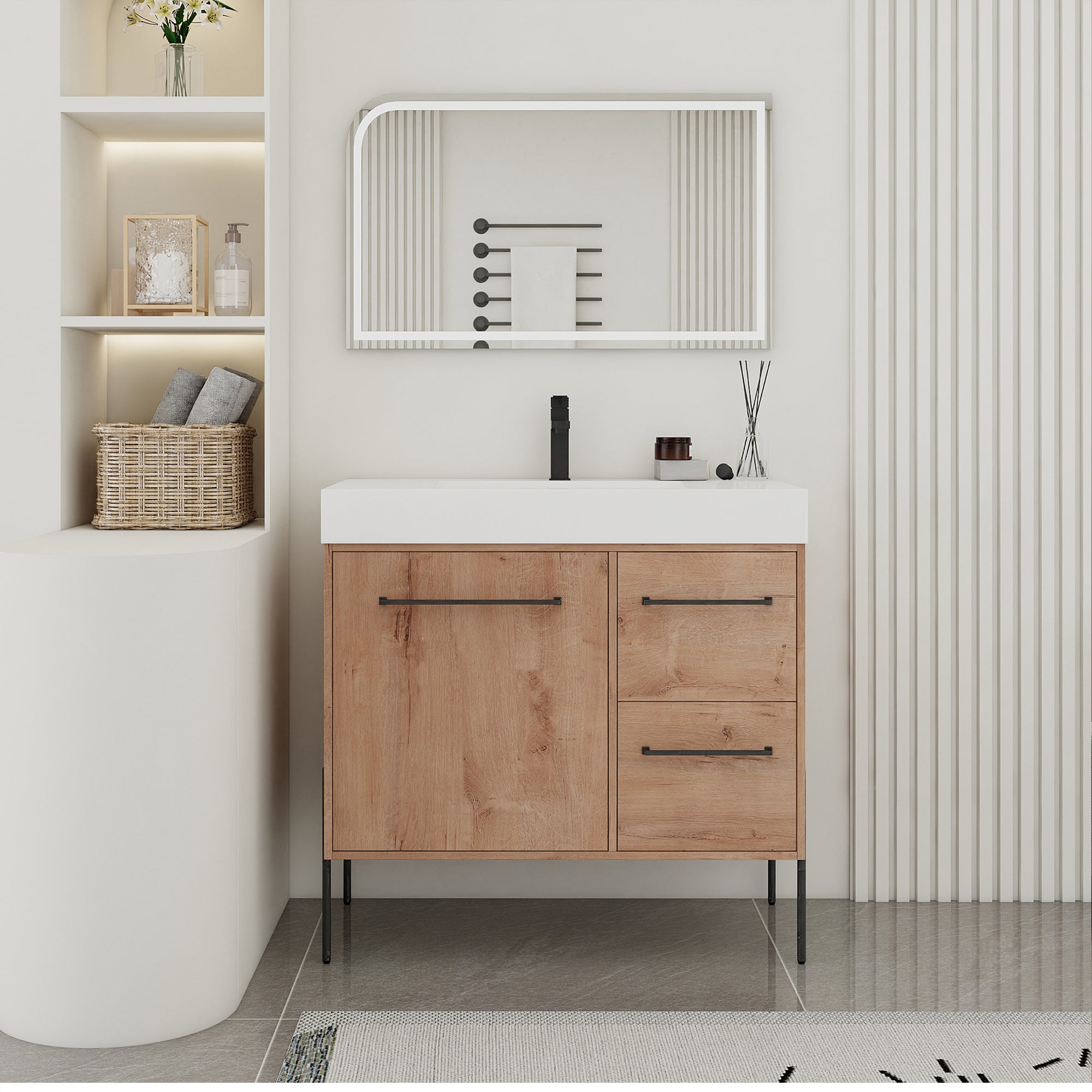 36" Freestanding Bathroom Vanity with White Resin Sink, 2 Drawers, Soft-Close