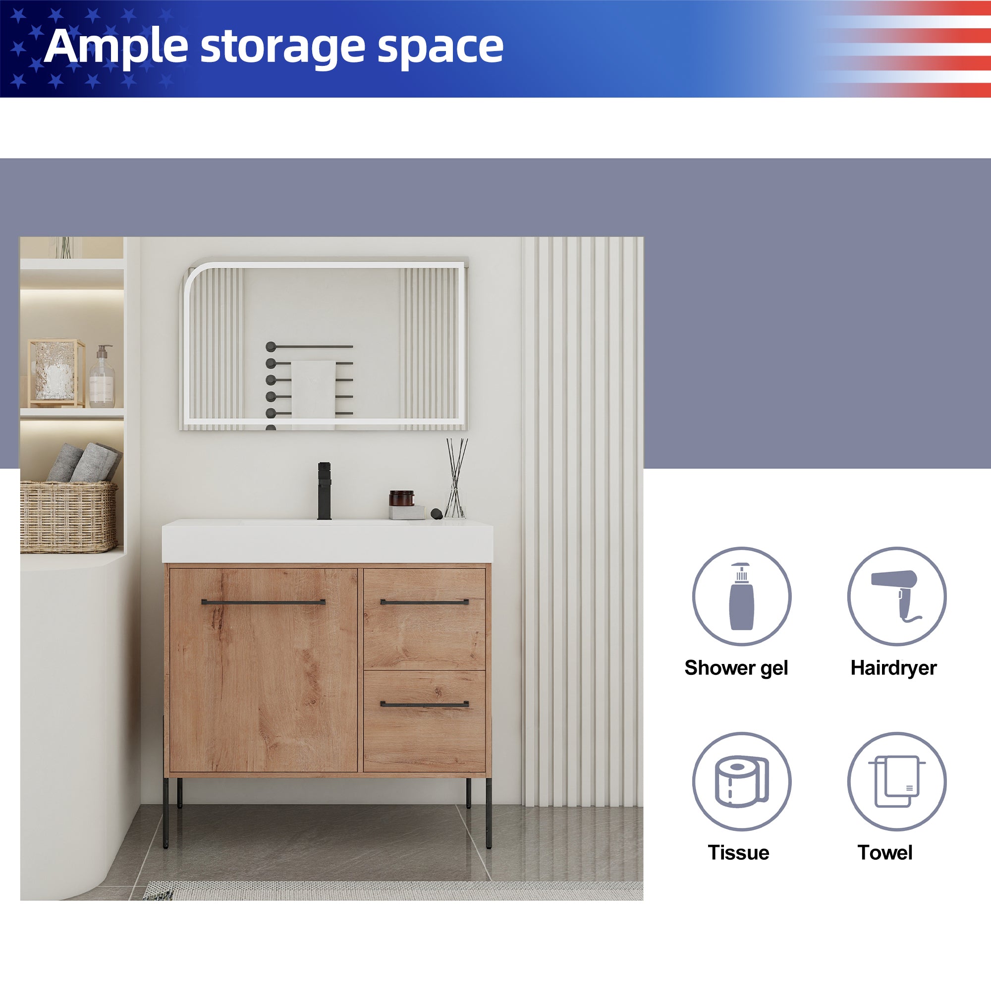 36" Freestanding Bathroom Vanity with White Resin Sink, 2 Drawers, Soft-Close