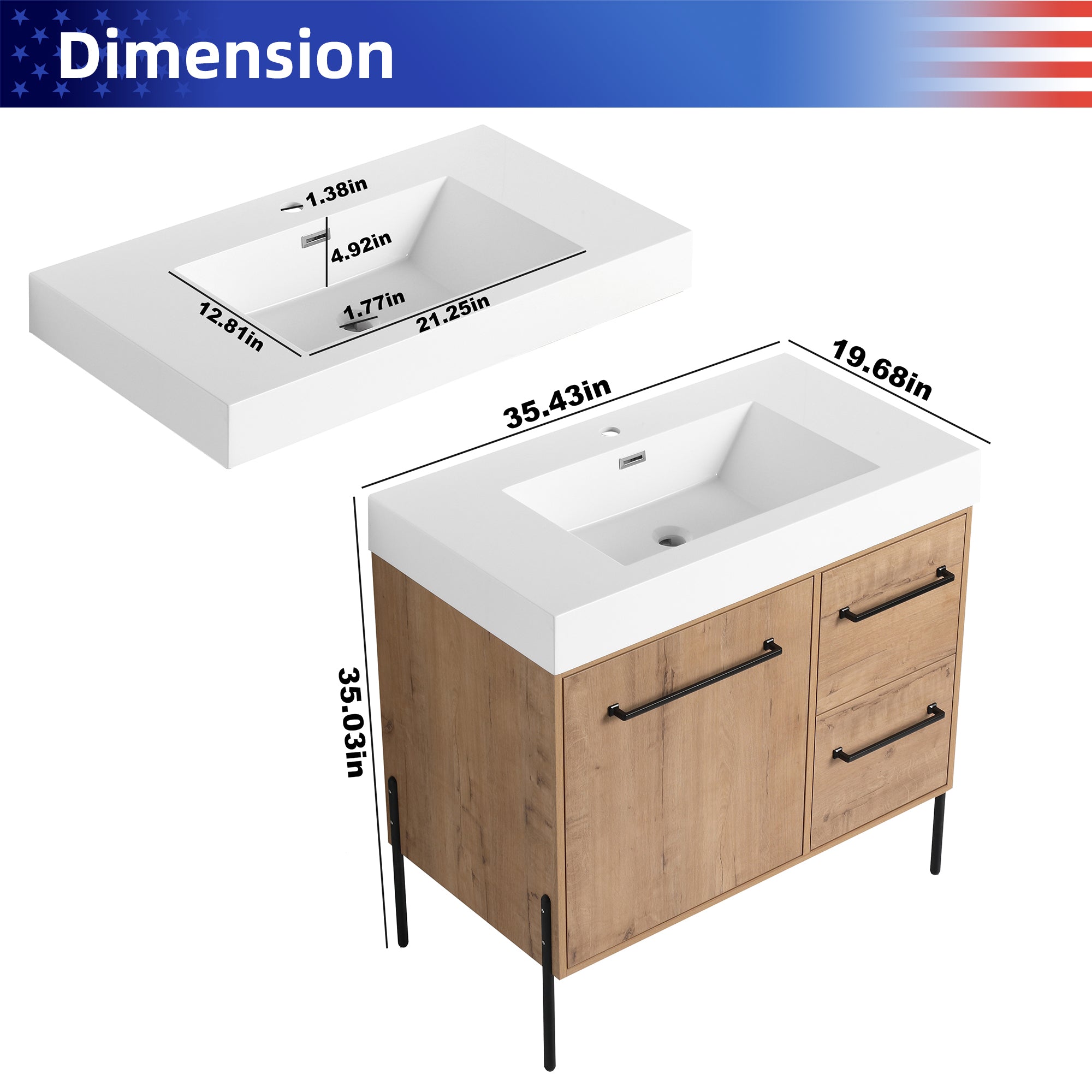 36" Freestanding Bathroom Vanity with White Resin Sink, 2 Drawers, Soft-Close