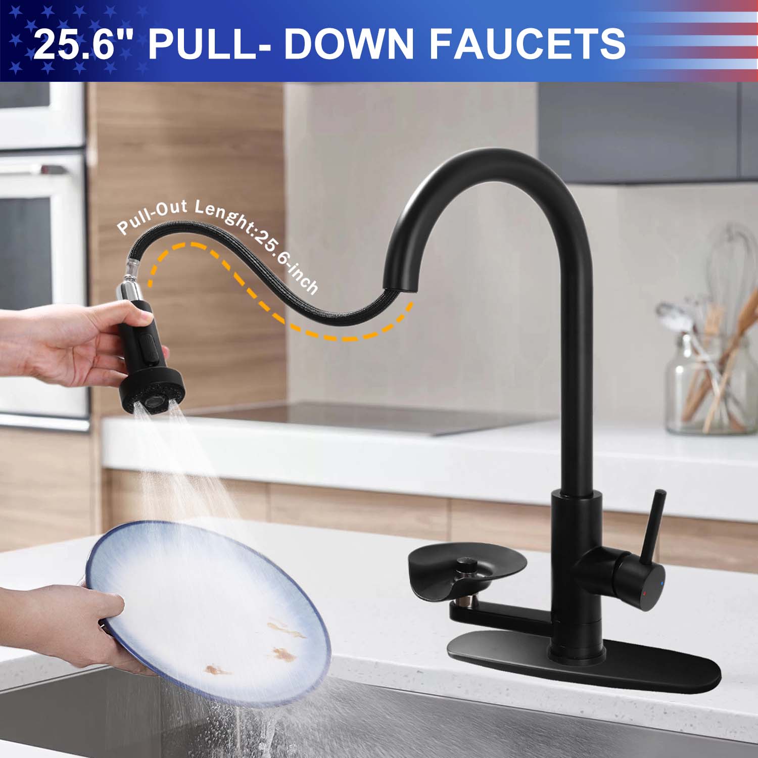 3-in-1 Kitchen Faucet with Pull-Down Sprayer, Press-Type Glass Rinser, 3 Spray Modes and High-Arc Spout