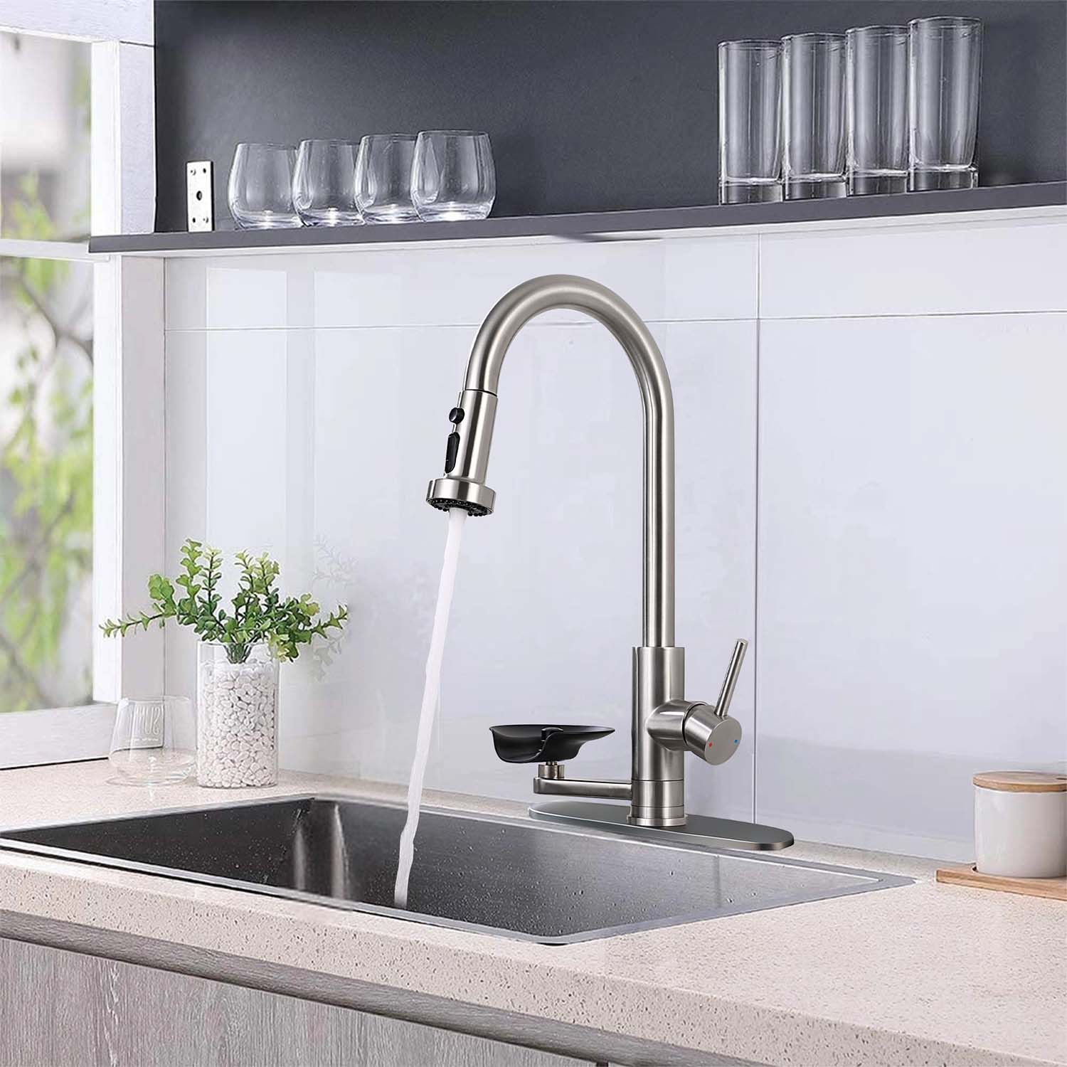 3-in-1 Kitchen Faucet with Pull-Down Sprayer, Press-Type Glass Rinser, 3 Spray Modes and High-Arc Spout