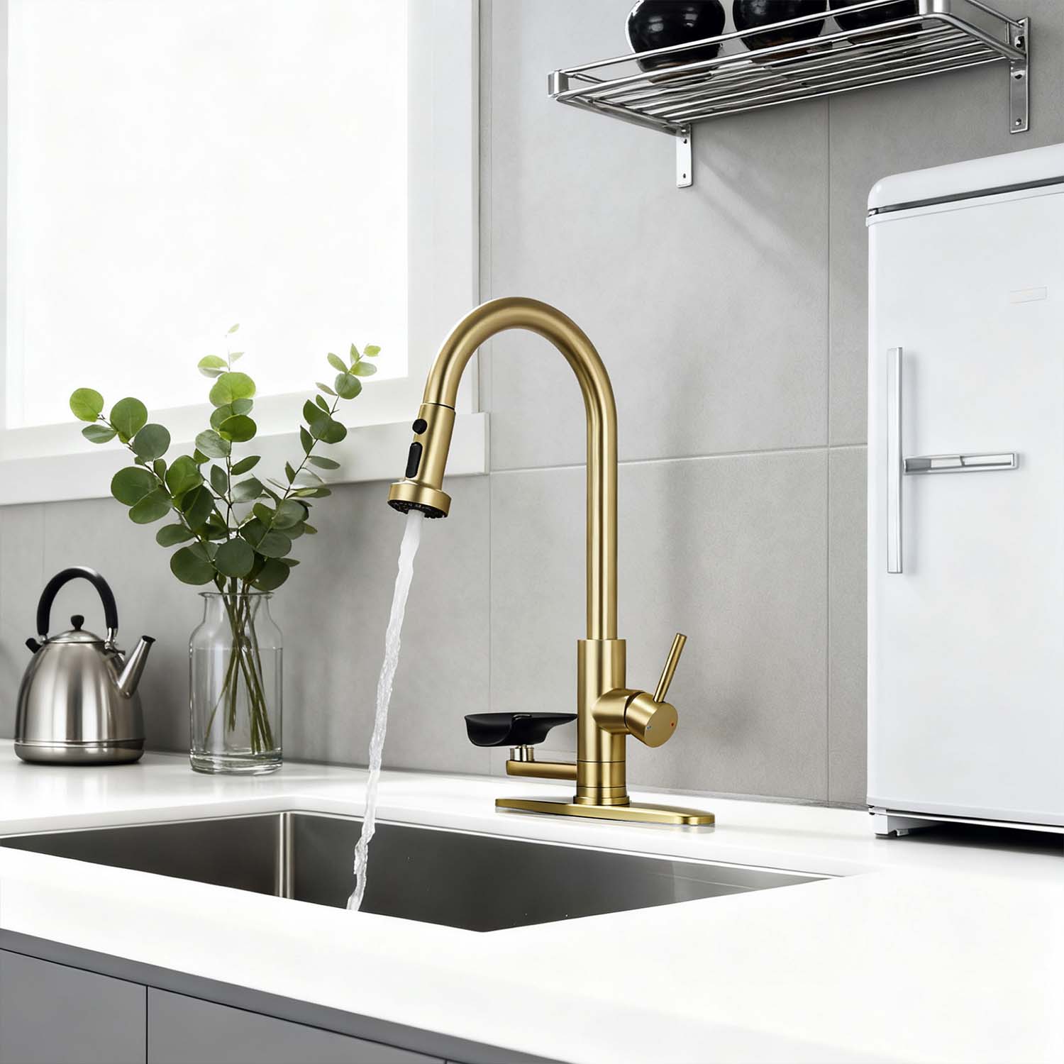 3-in-1 Kitchen Faucet with Pull-Down Sprayer, Press-Type Glass Rinser, 3 Spray Modes and High-Arc Spout