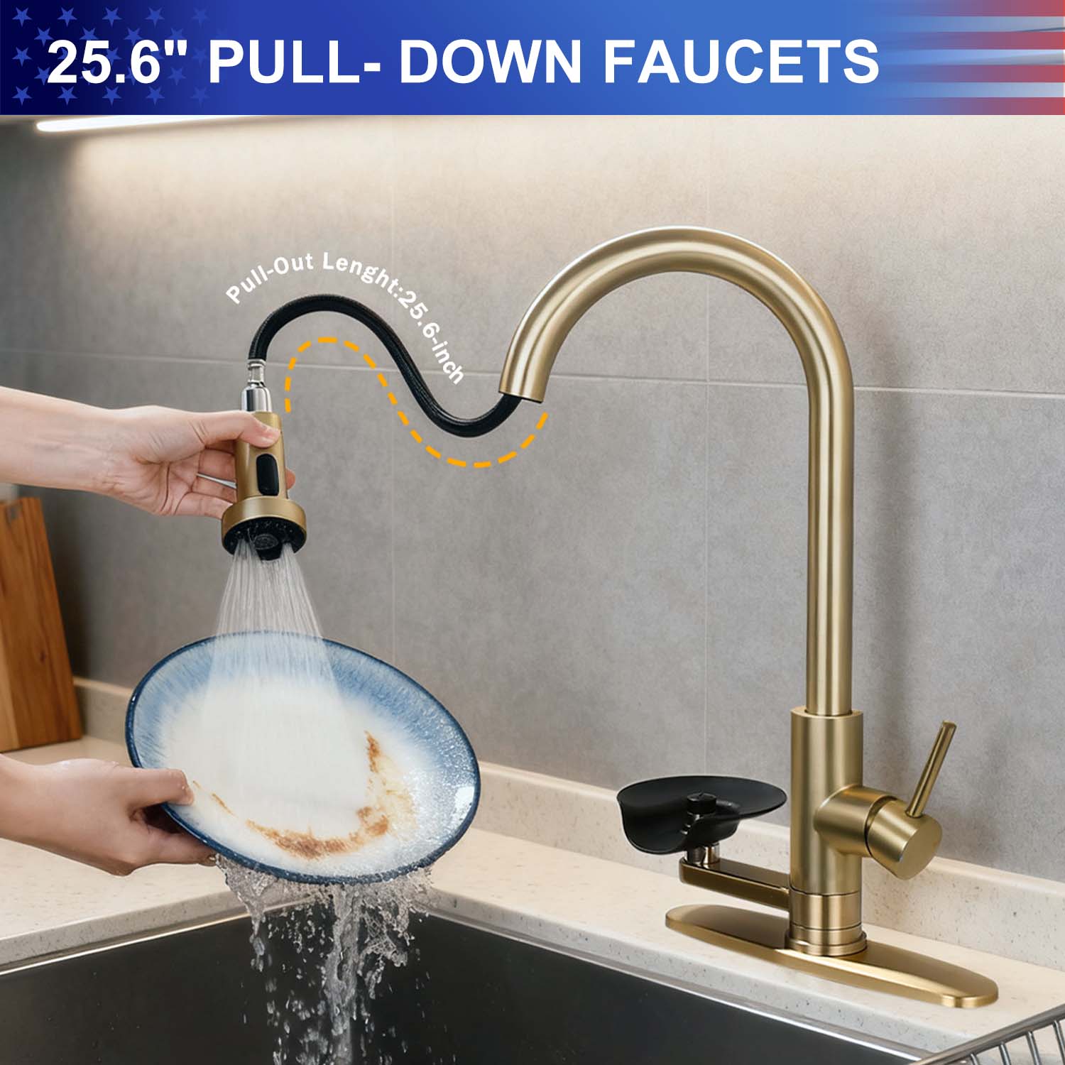 3-in-1 Kitchen Faucet with Pull-Down Sprayer, Press-Type Glass Rinser, 3 Spray Modes and High-Arc Spout