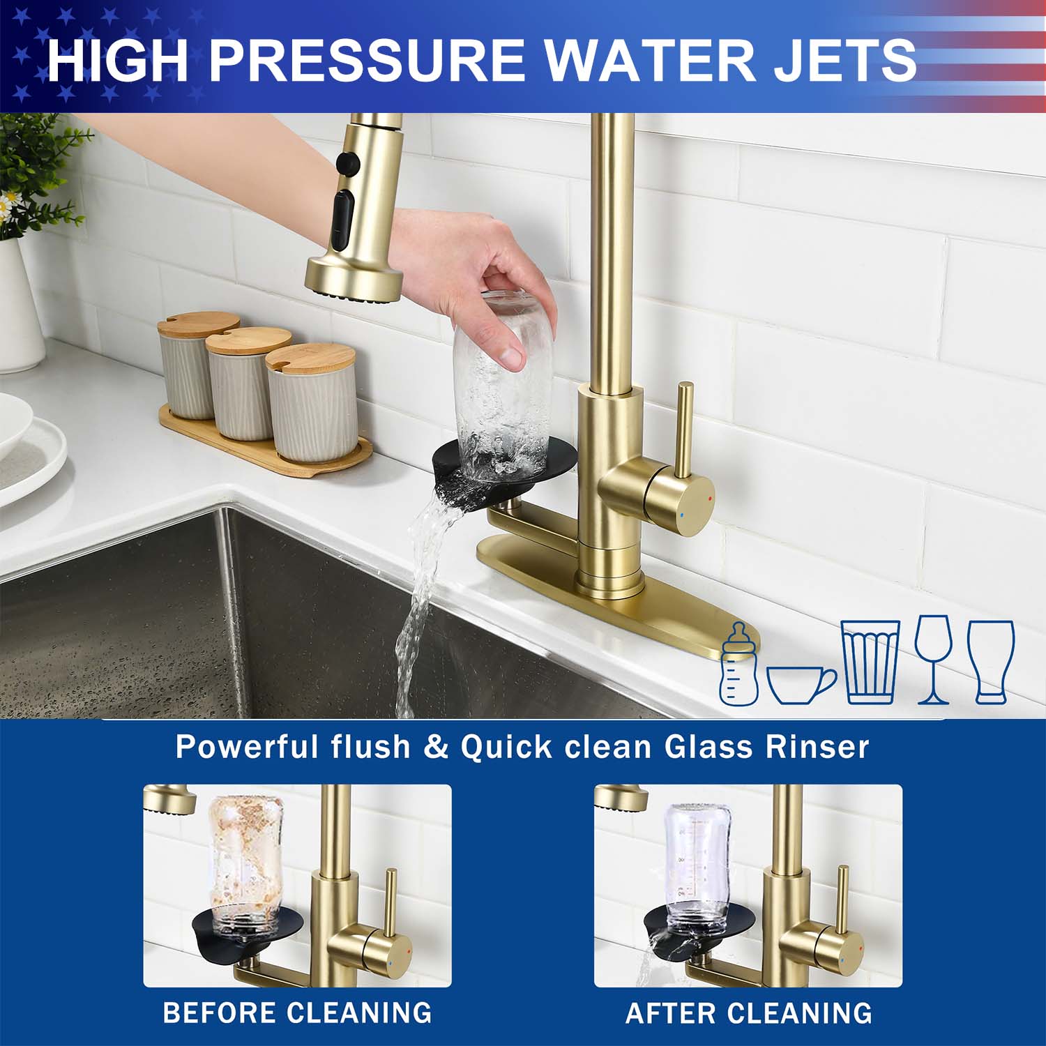 3-in-1 Kitchen Faucet with Pull-Down Sprayer, Press-Type Glass Rinser, 3 Spray Modes and High-Arc Spout