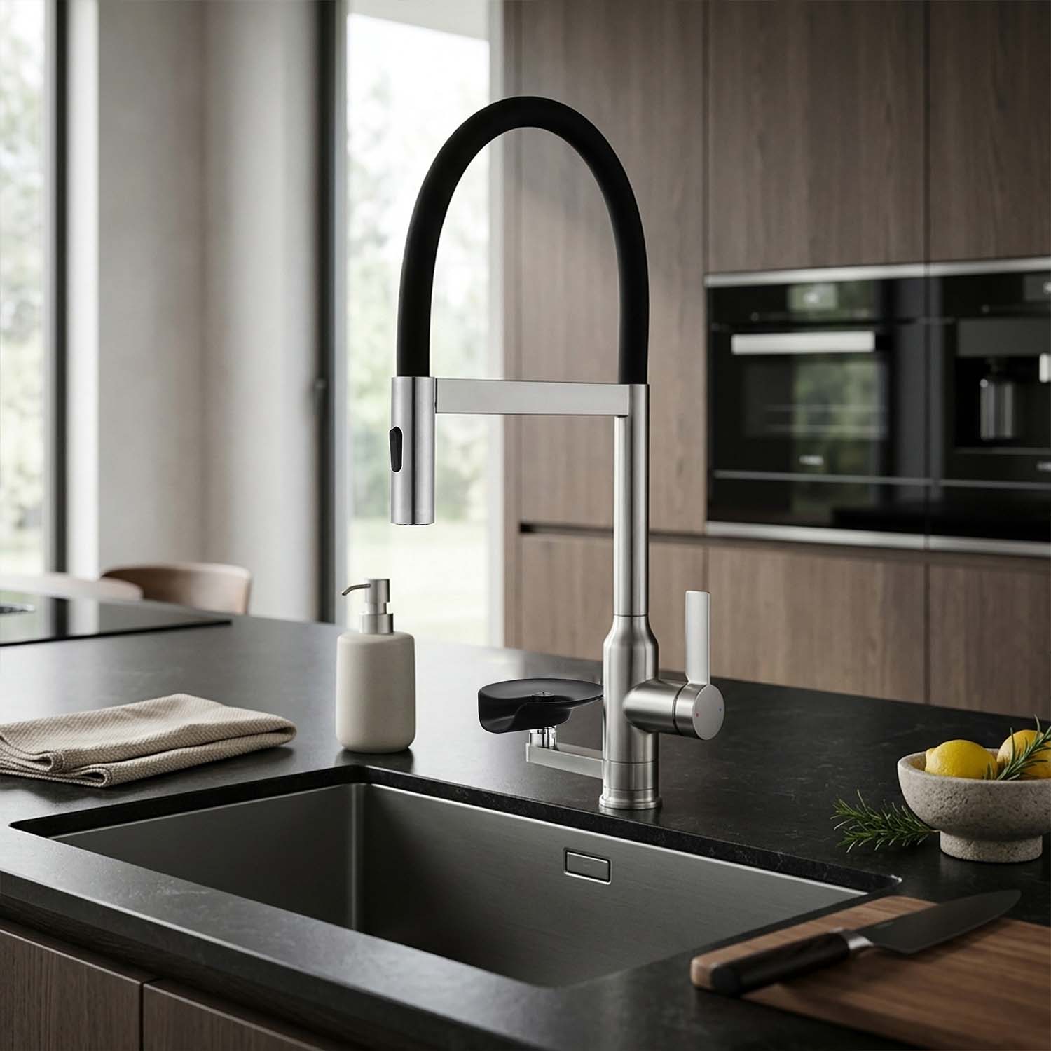 Brushed Nickel Kitchen Faucet with Magnetic Pull-Down Sprayer, 2 Spray Modes, 360° Swivel High-Arc Spout and Press-Type Glass Rinser