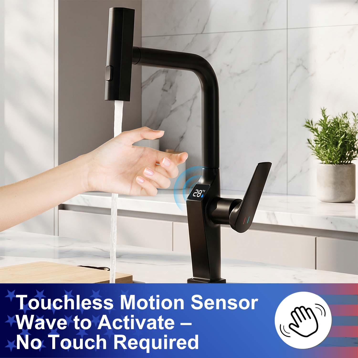 Touchless Kitchen Faucet with LED Temperature Display, Motion Sensor, 3-Function Pull-Out Sprayer and 360° Swivel Spout