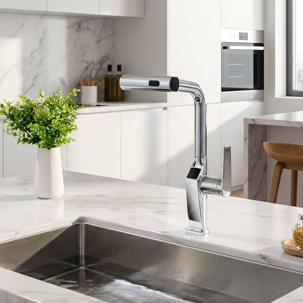 Touchless Kitchen Faucet with LED Temperature Display, Motion Sensor, 3-Function Pull-Out Sprayer and 360° Swivel Spout