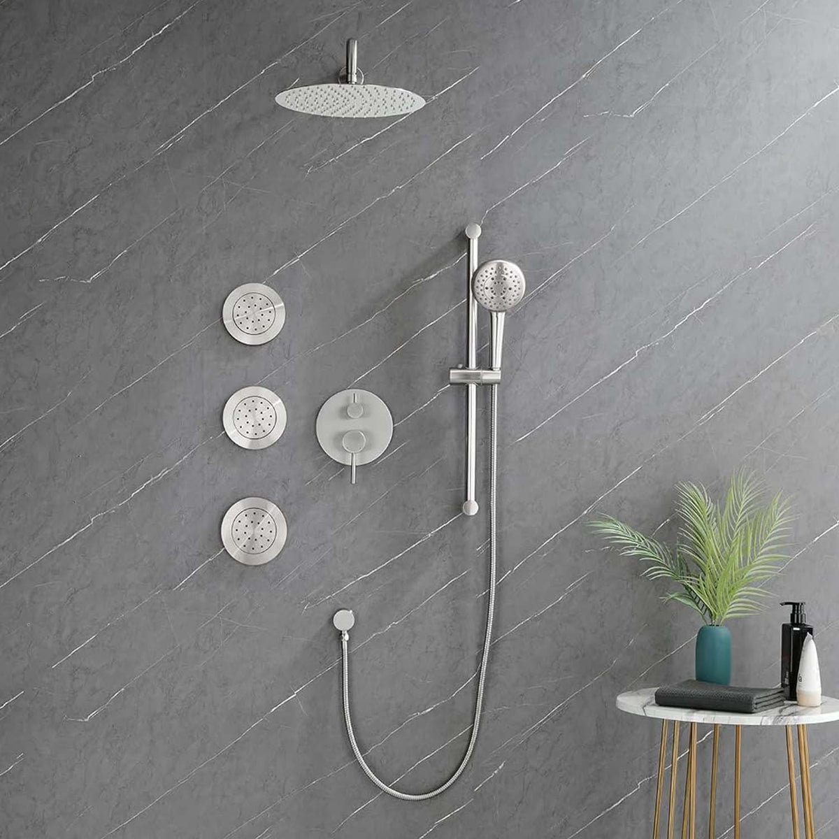 RAINLEX Wall-Mounted Rain Shower System with Pressure-Balancing Valve, Hand Shower, Slide Bar