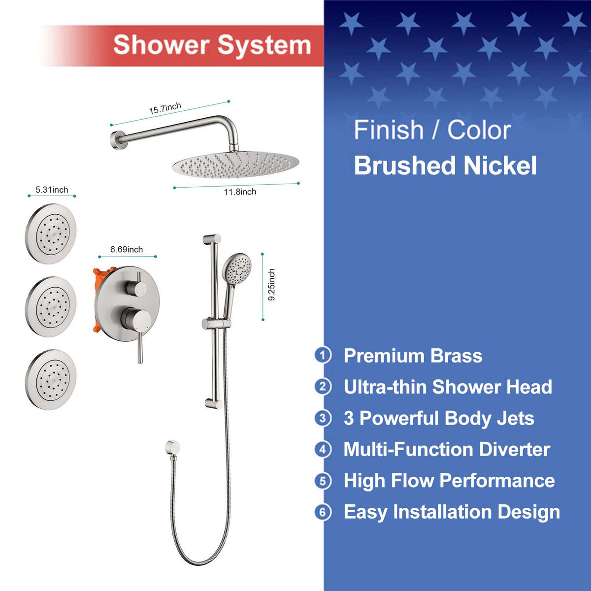 RAINLEX Wall-Mounted Rain Shower System with Pressure-Balancing Valve, Hand Shower, Slide Bar