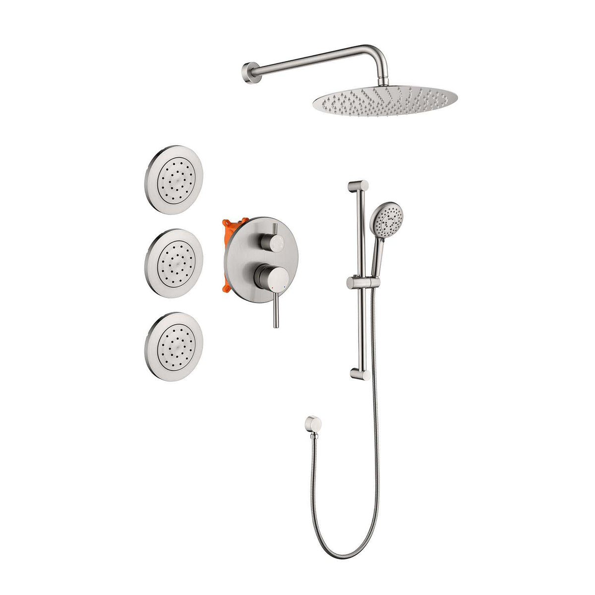 RAINLEX Wall-Mounted Rain Shower System with Pressure-Balancing Valve, Hand Shower, Slide Bar