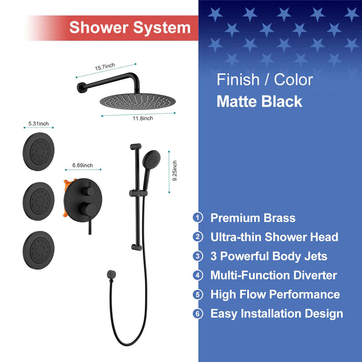 RAINLEX Wall-Mounted Rain Shower System with Pressure-Balancing Valve, Hand Shower, Slide Bar