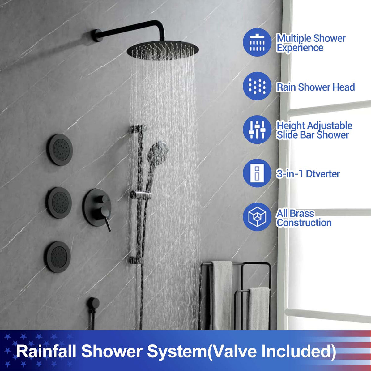 RAINLEX Wall-Mounted Rain Shower System with Pressure-Balancing Valve, Hand Shower, Slide Bar