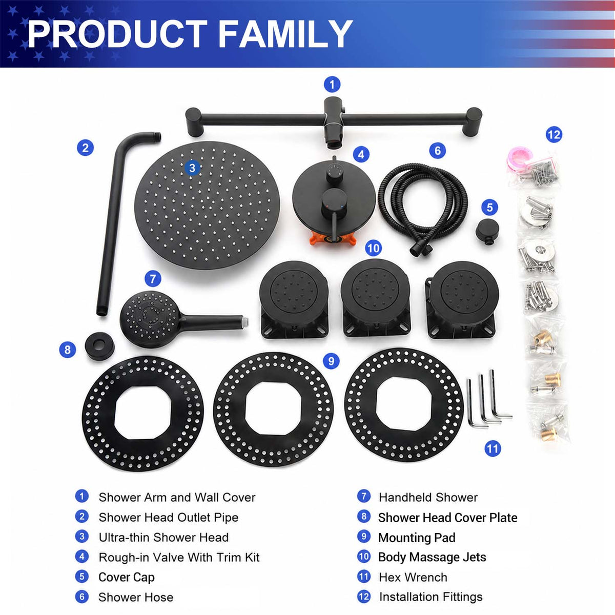 RAINLEX Wall-Mounted Rain Shower System with Pressure-Balancing Valve, Hand Shower, Slide Bar