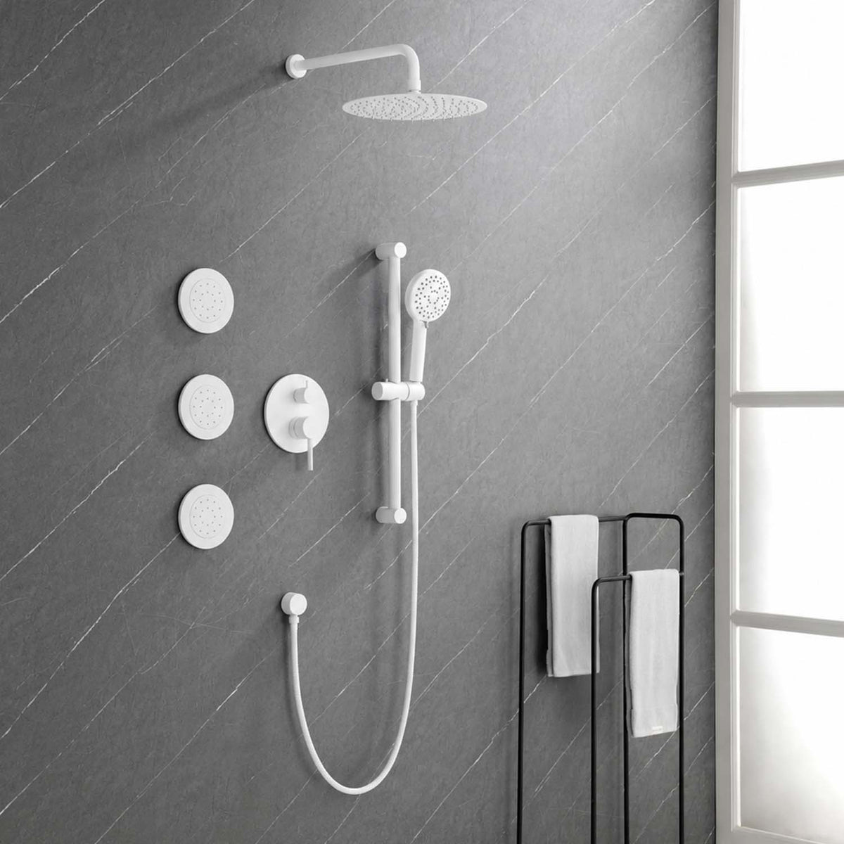 RAINLEX Wall-Mounted Rain Shower System with Pressure-Balancing Valve, Hand Shower, Slide Bar