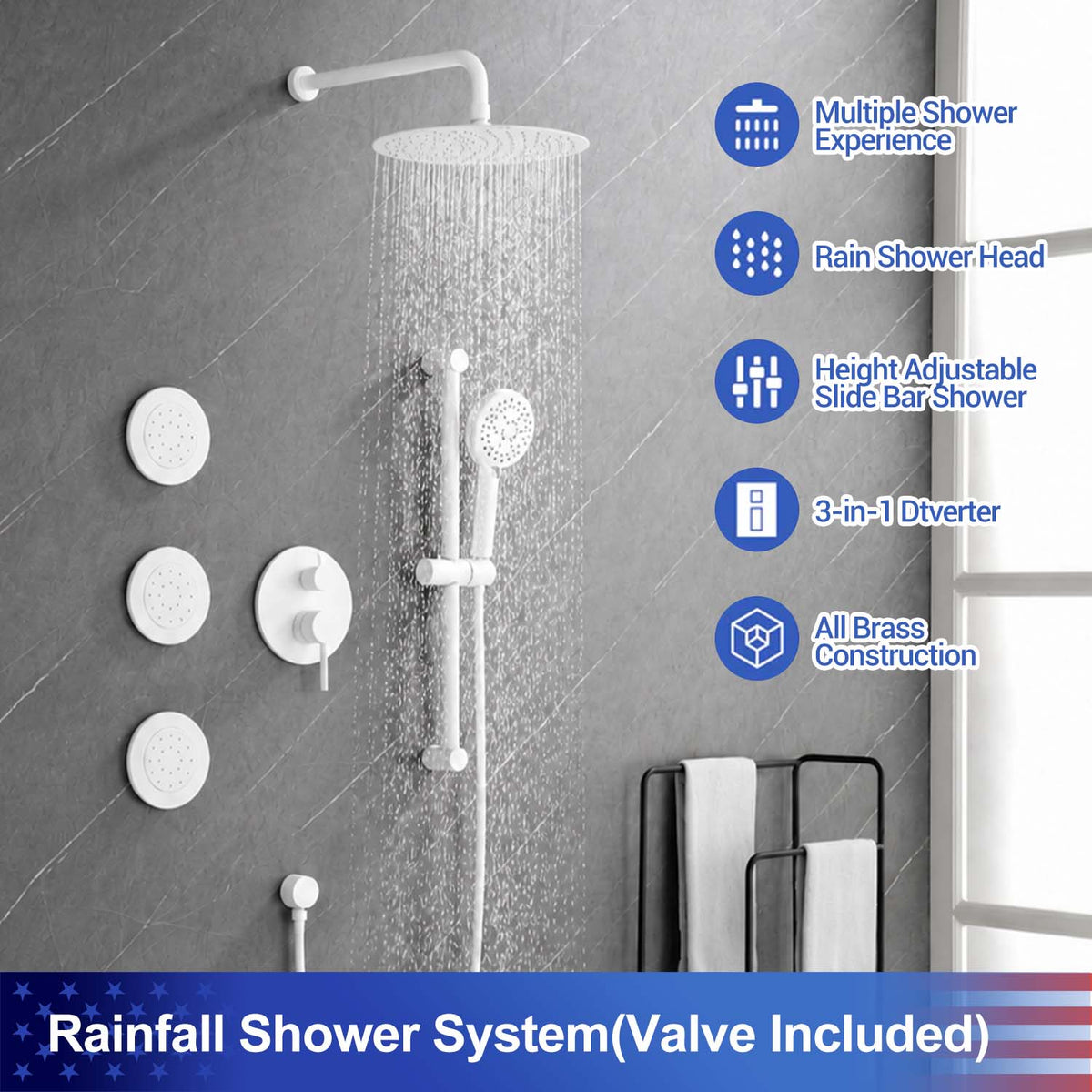 RAINLEX Wall-Mounted Rain Shower System with Pressure-Balancing Valve, Hand Shower, Slide Bar