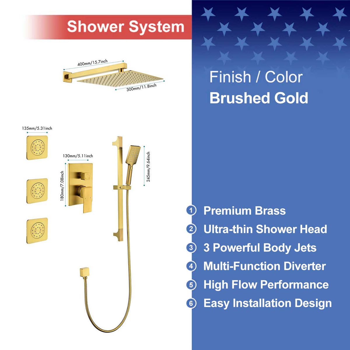 RAINLEX Wall-Mounted Rain Shower System with SUS304 Shower Head, Hand Shower, Slide Bar