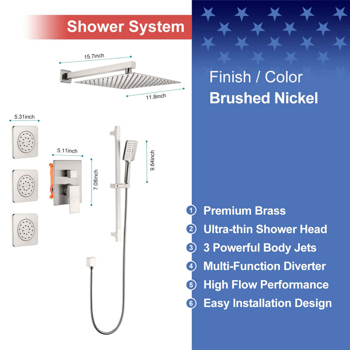RAINLEX Wall-Mounted Rain Shower System with SUS304 Shower Head, Hand Shower, Slide Bar