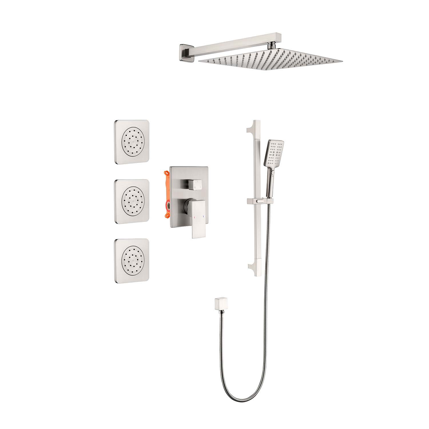 Wall-Mounted Rain Shower System with SUS304 Shower Head, Hand Shower, Slide Bar, Body Sprays, Pressure-Balancing Valve and 59 in. Hose