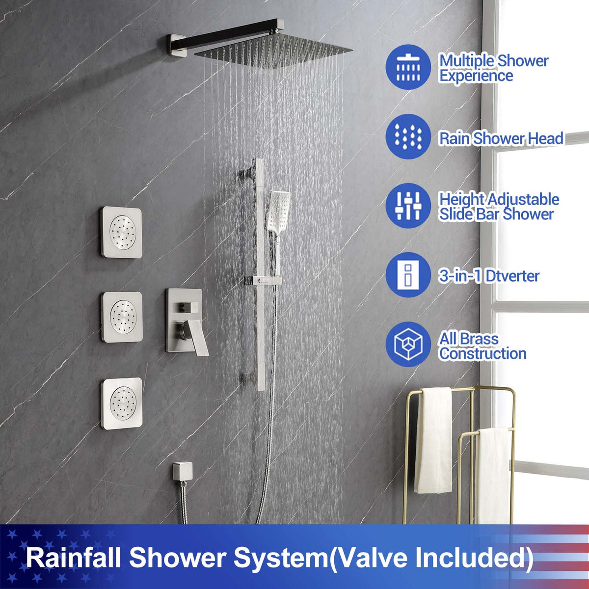 RAINLEX Wall-Mounted Rain Shower System with SUS304 Shower Head, Hand Shower, Slide Bar