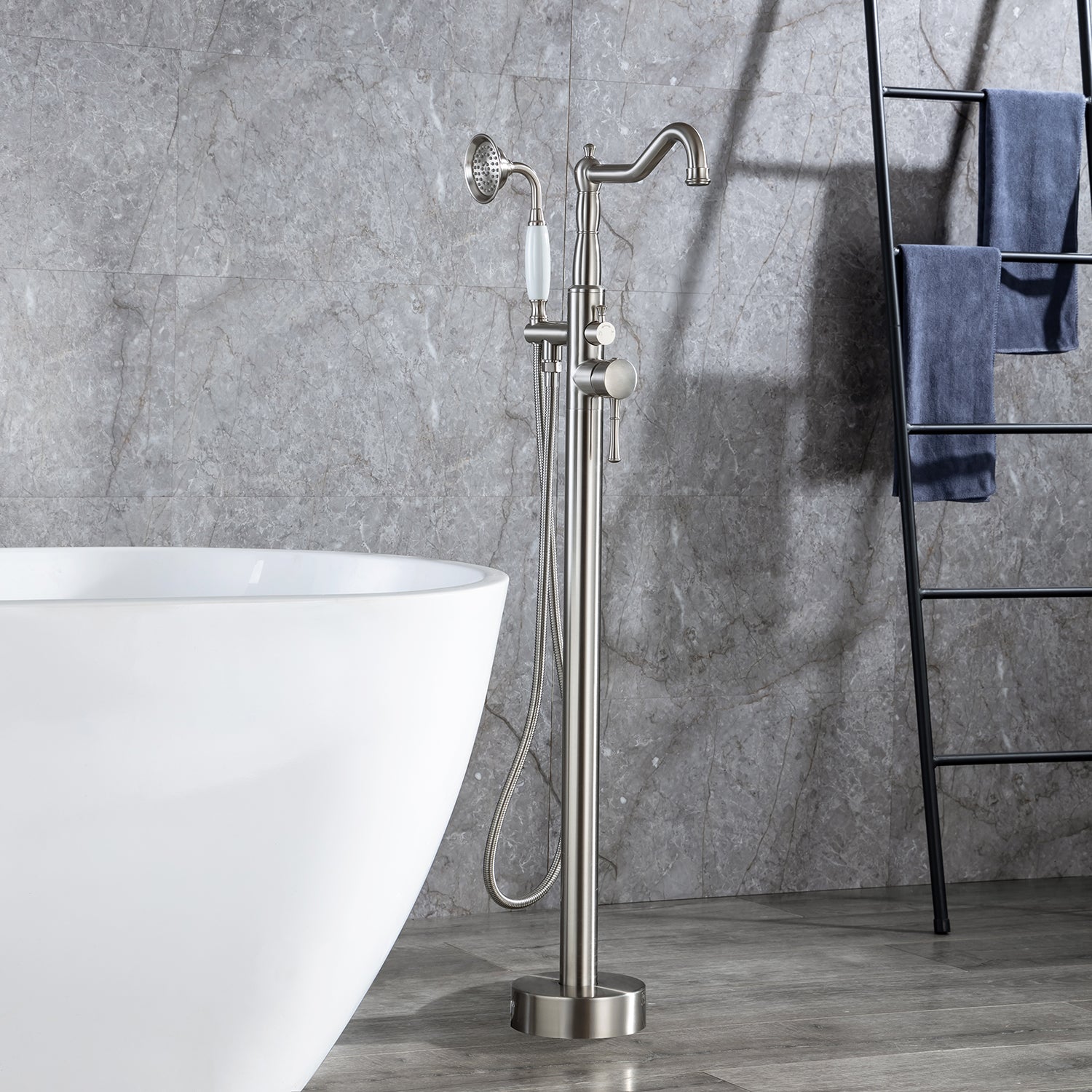 Brushed Nickel Tub Faucet with Handheld Shower