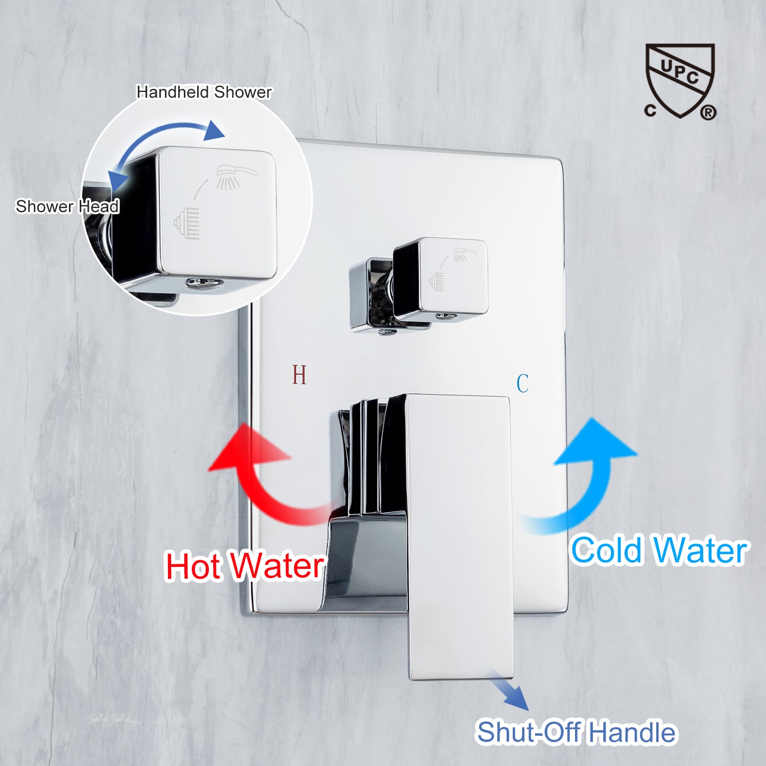 Pommeau de douche carré à 2 voies de 12 po avec robinet de montage au plafond et valve brute RX95102-12
