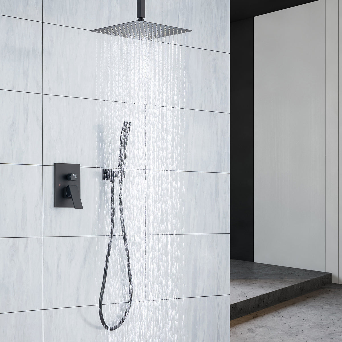 Pommeau de douche carré à 2 voies de 12 po avec robinet de montage au plafond et valve brute RX95102-12