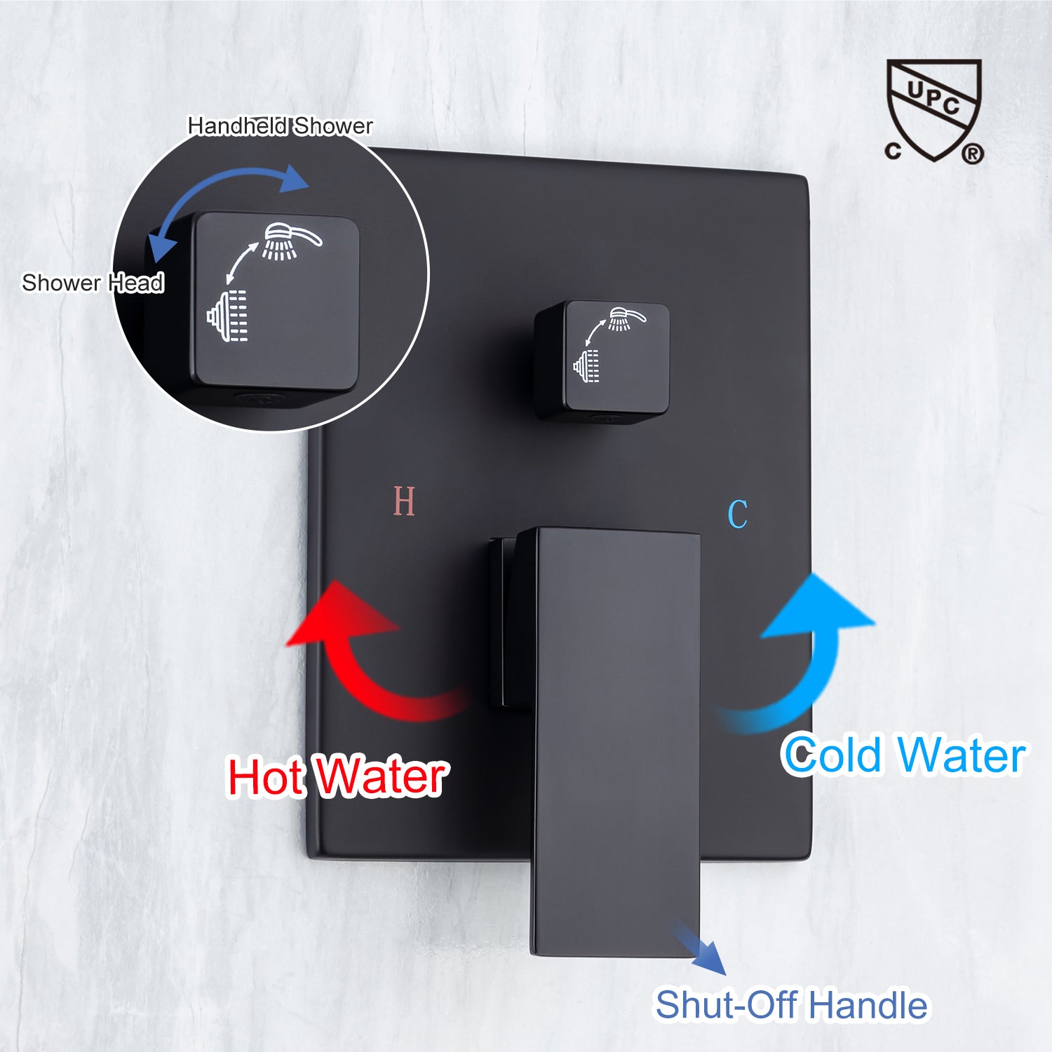 Pommeau de douche carré à 2 voies de 12 po avec robinet de montage au plafond et valve brute RX95102-12