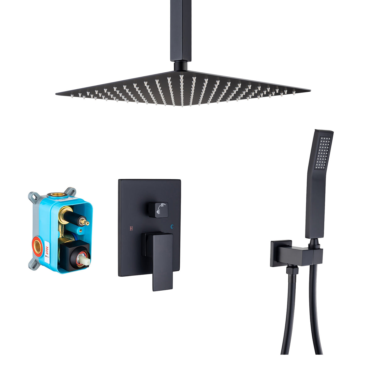 Pommeau de douche carré à 2 voies de 12 po avec robinet de montage au plafond et valve brute RX95102-12