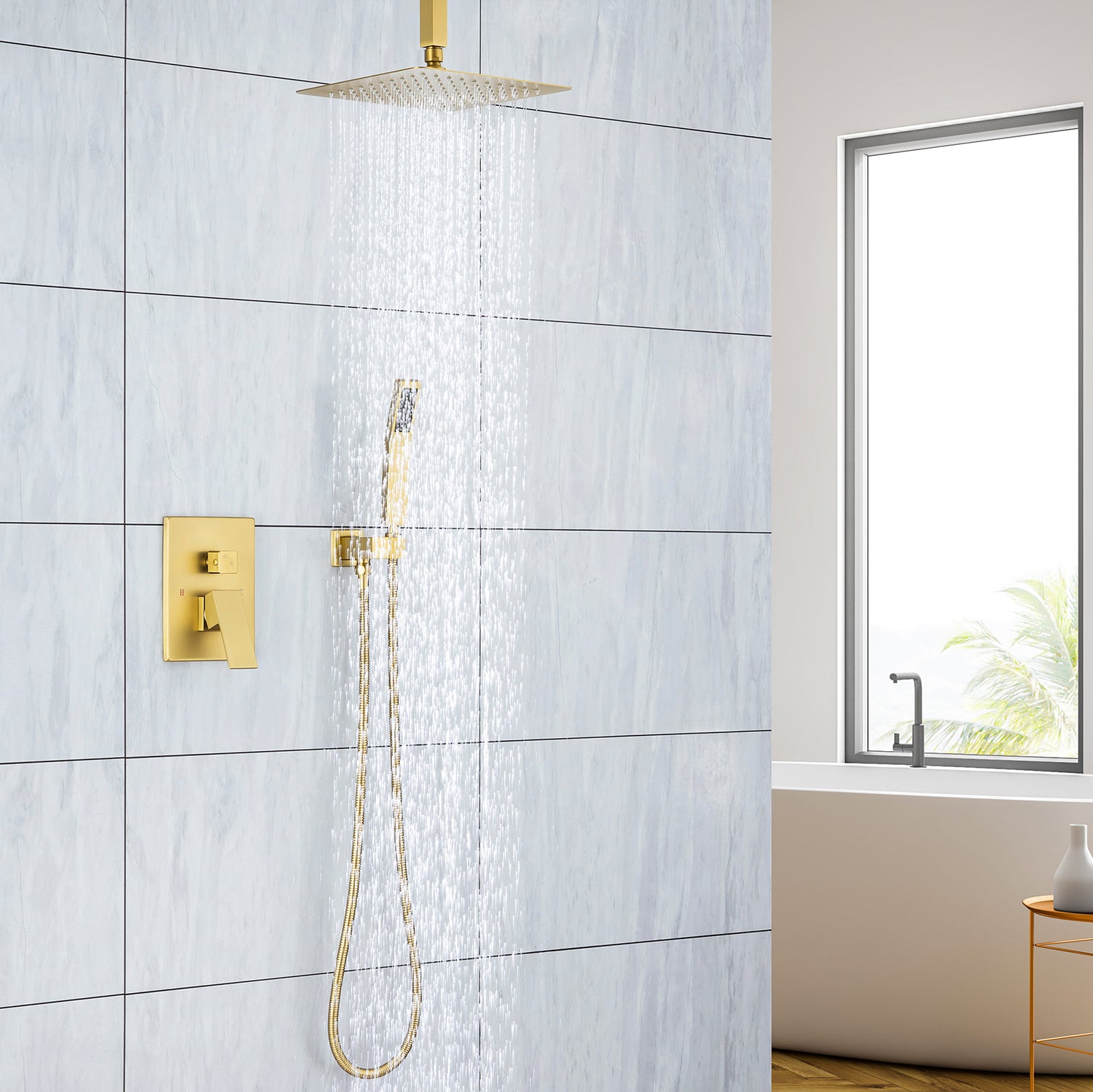 Pommeau de douche carré à 2 voies de 12 po avec robinet de montage au plafond et valve brute RX95102-12