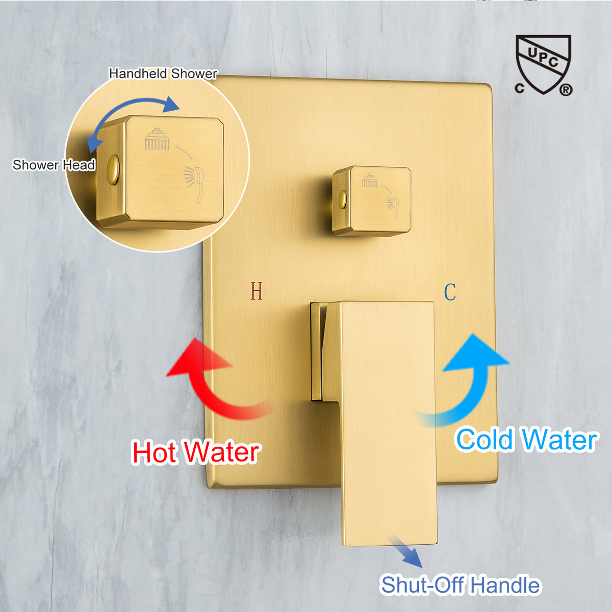 Pommeau de douche carré à 2 voies de 12 po avec robinet de montage au plafond et valve brute RX95102-12