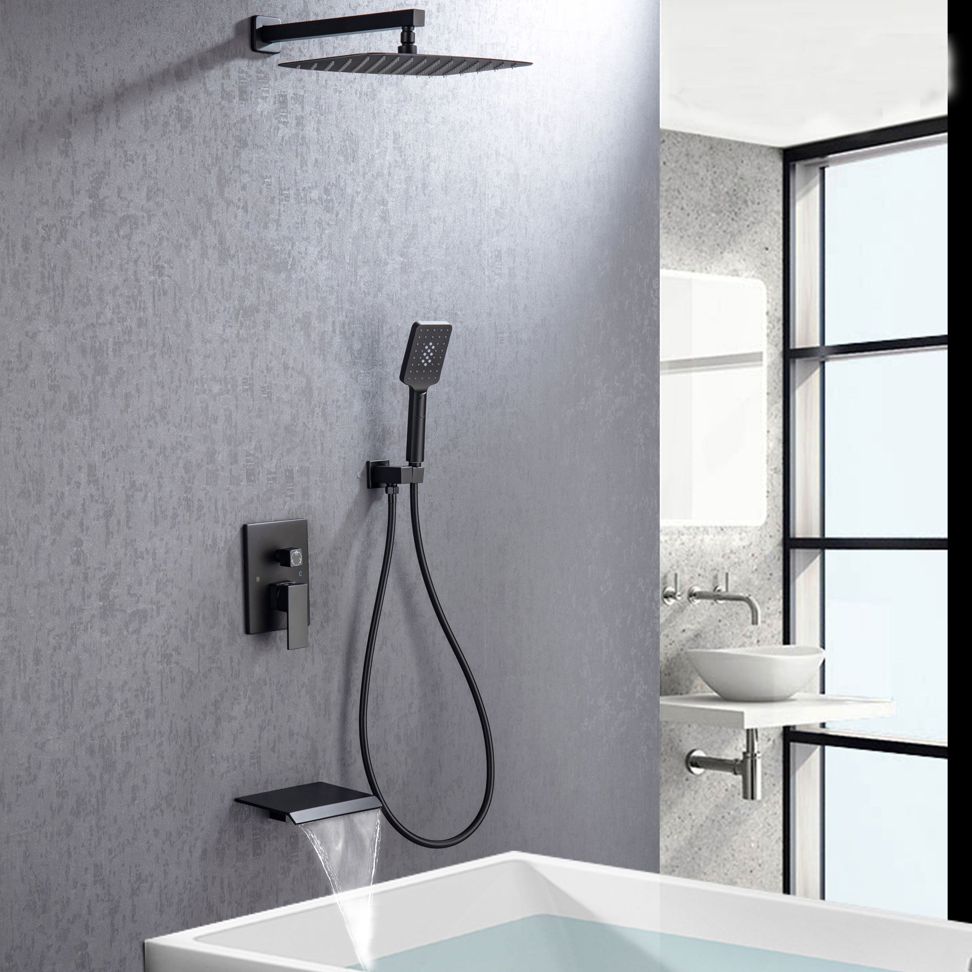 12" Square 3-Way Wall-Mount Shower System with Rough-in Valve