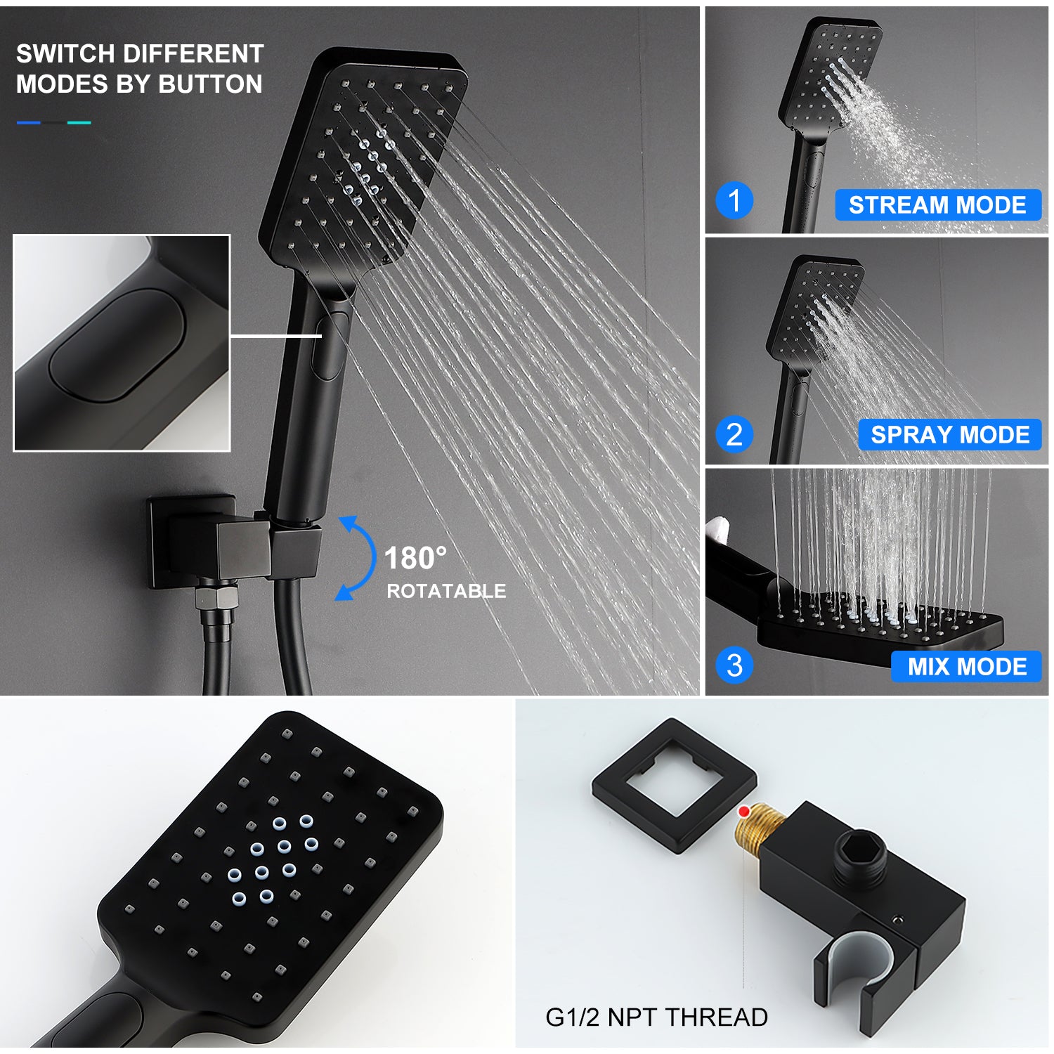 12" Square 3-Way Wall-Mount Shower System with Rough-in Valve
