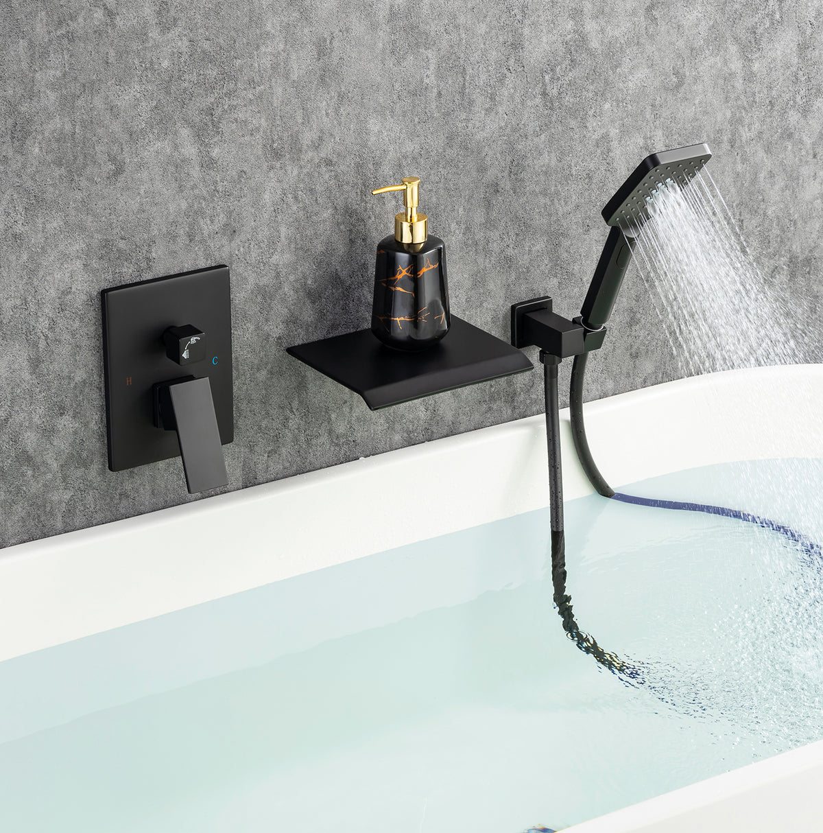 RAINLEX Single-Handle Wall-Mount Waterfall Tub Faucet with Handheld Shower