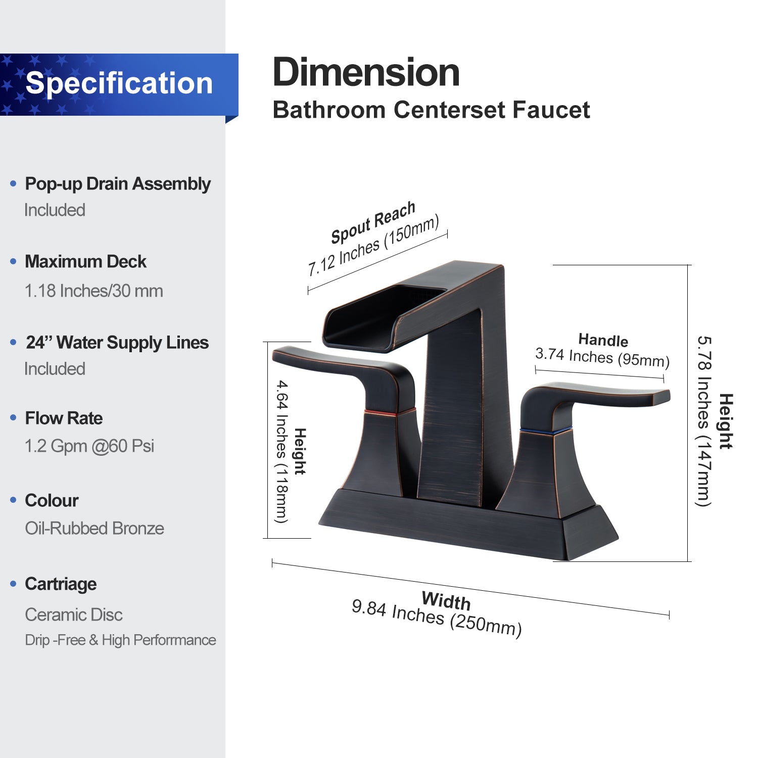 Rainlex 2-Handle Centerset Waterfall Bathroom Faucet with Drain Assembly