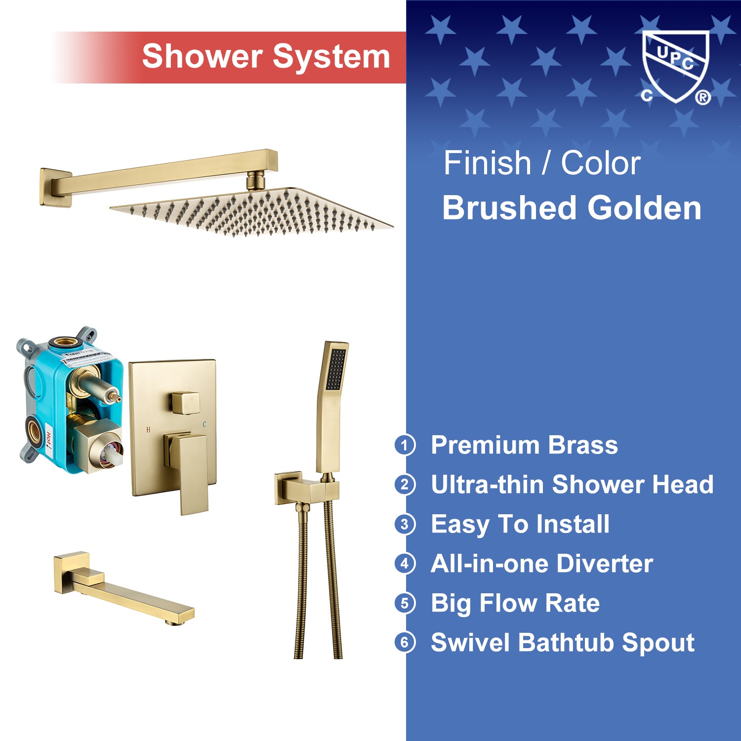 10" Square 3-Way Wall-Mount Shower System with Rough-in Valve (S93103)