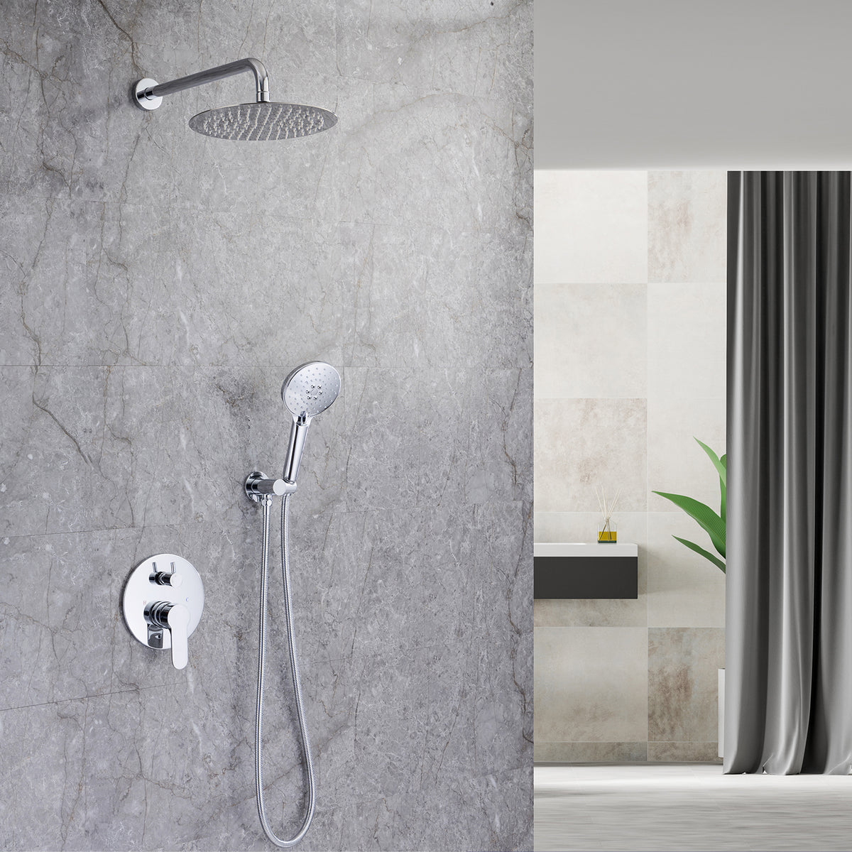 Pommeau de douche rond à 2 voies et montage mural de 10 po avec valve brute RX96202-10