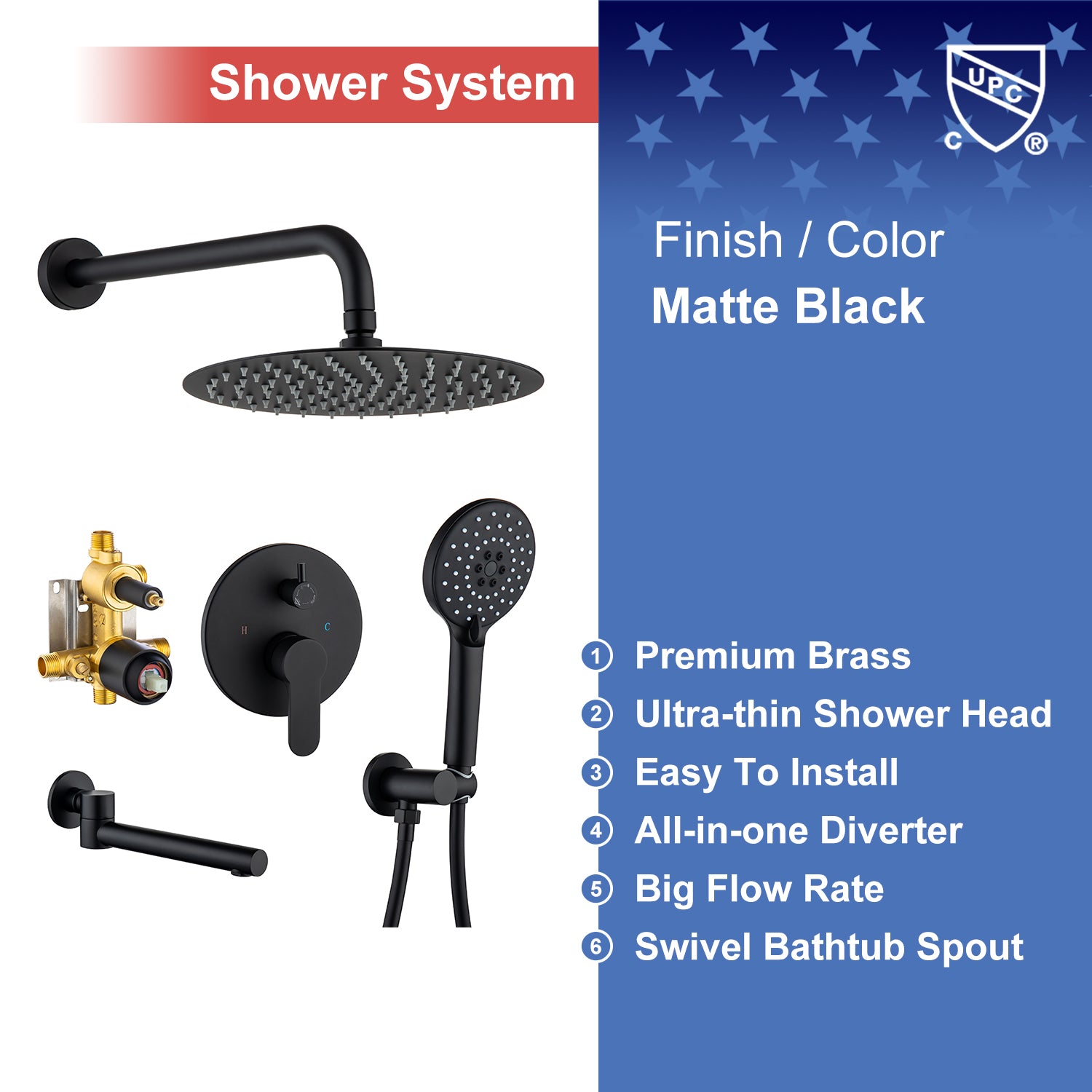 10" Shower Head 3-way Wall-Mount Round Shower Faucet with Rough-in Valve RX96203-10
