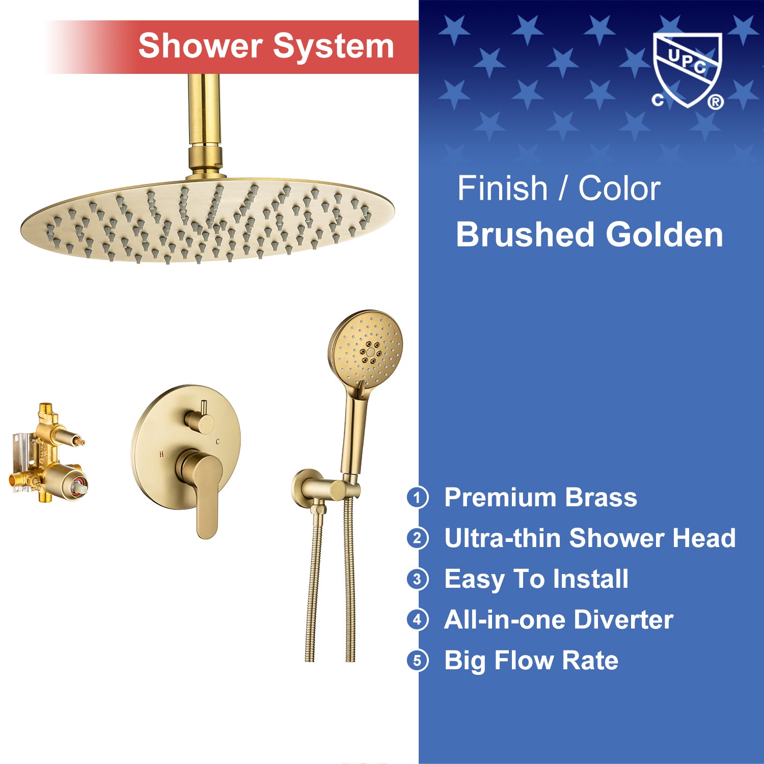 Pommeau de douche de 10 po, robinet de douche rond à 2 voies pour montage au plafond avec valve brute RX96205-10