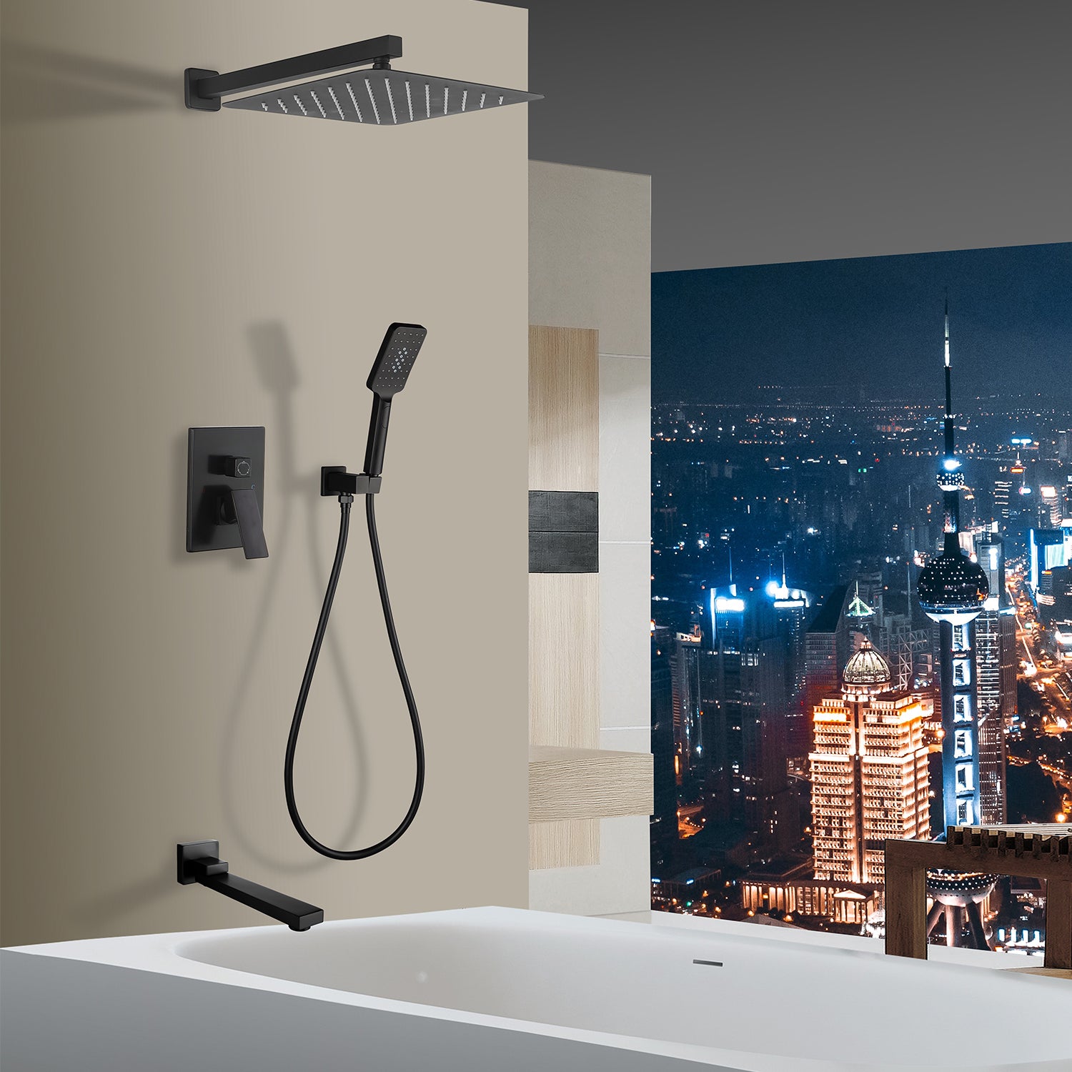 Pommeau de douche carré à 3 voies et montage mural de 10 po avec robinet à montage brut RX98103-10