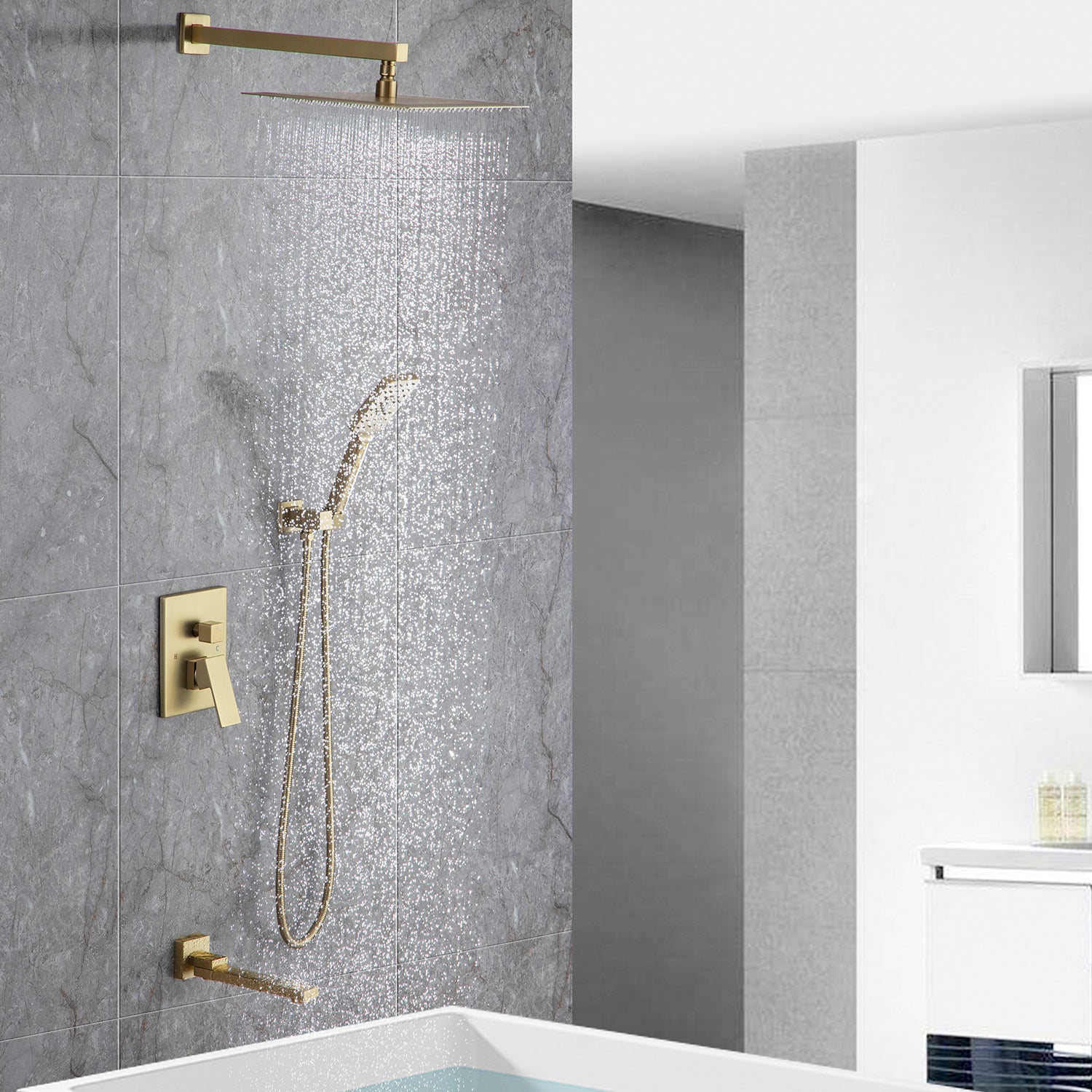 Pommeau de douche carré à 3 voies et montage mural de 10 po avec robinet à montage brut RX98103-10