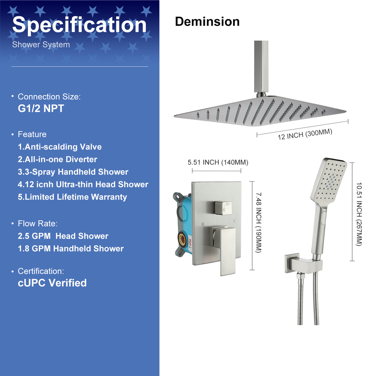 RAINLEX 12 in. Square 2-Way Ceiling-Mount Shower System with Rough-In Valve (S98105)
