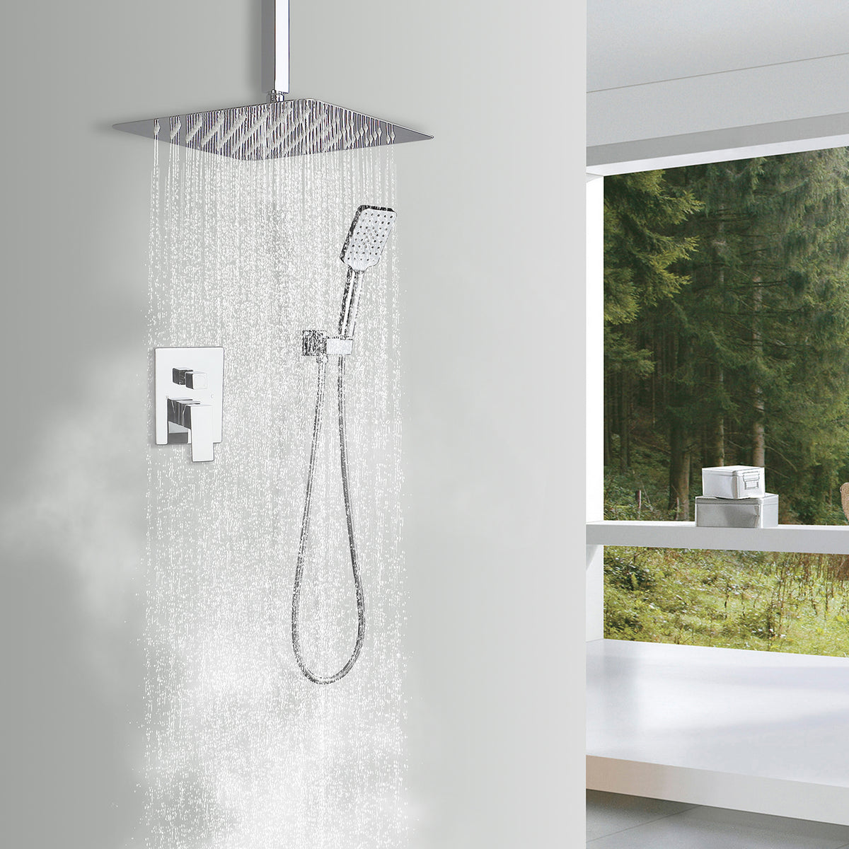 RAINLEX 12 in. Square 2-Way Ceiling-Mount Shower System with Rough-In Valve (S98105)