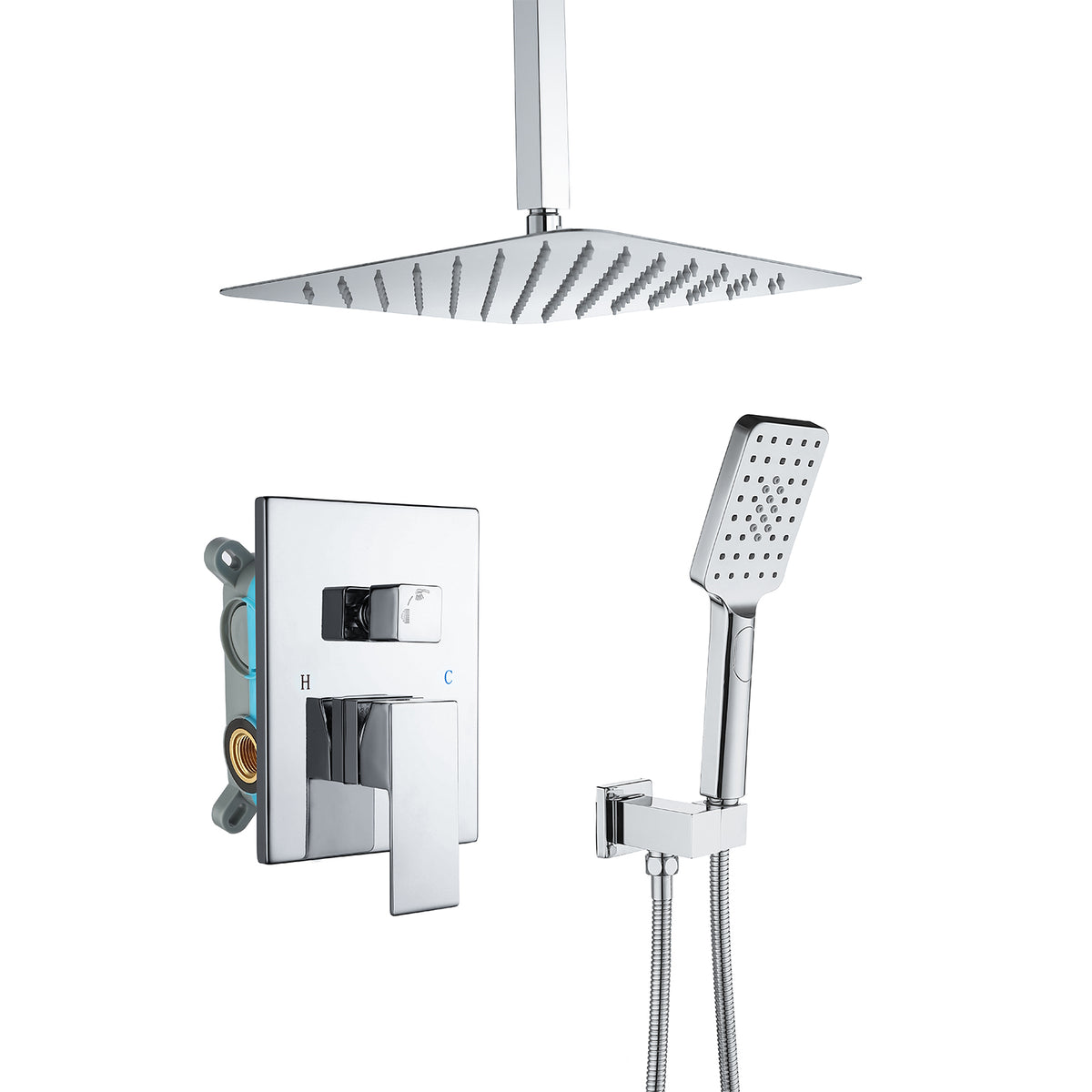 RAINLEX 12 in. Square 2-Way Ceiling-Mount Shower System with Rough-In Valve (S98105)