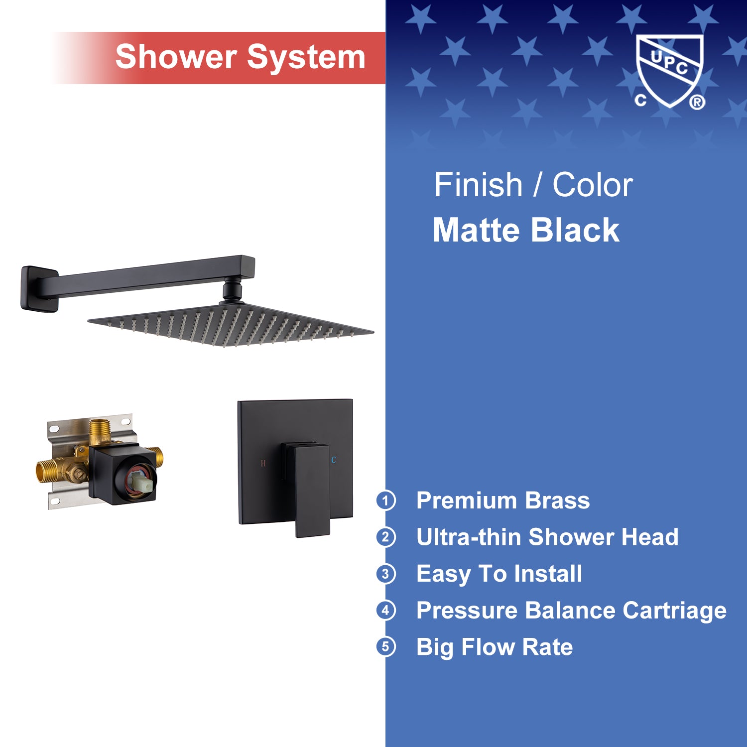 Système de douche carré complet de 10 po avec robinet d'installation brute RX93101-10