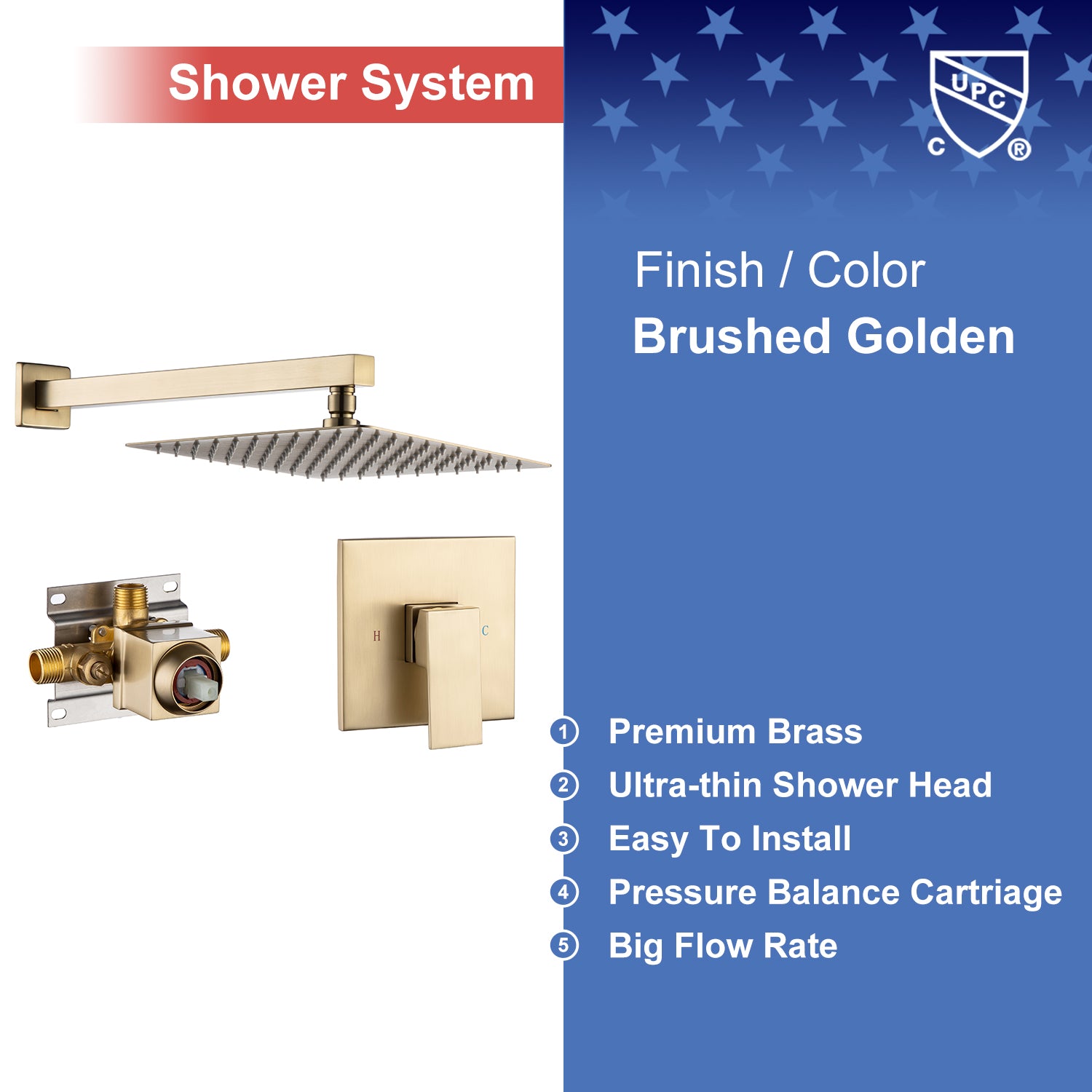 Système de douche carré complet de 10 po avec robinet d'installation brute RX93101-10