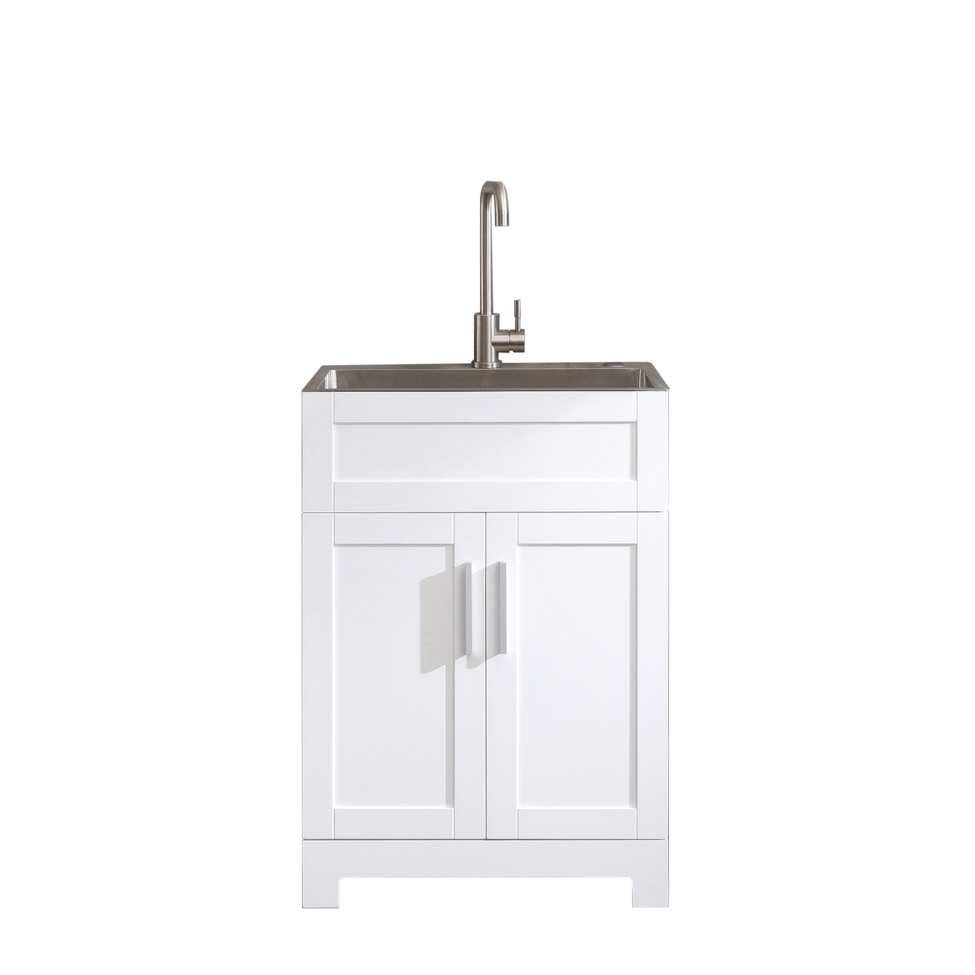 Rainlex 24 in. White Paint-Free Laundry Utility Sink Cabinet with 12-Gauge Brushed Stainless Steel Sink, Tall Faucet & Soft-Close Doors