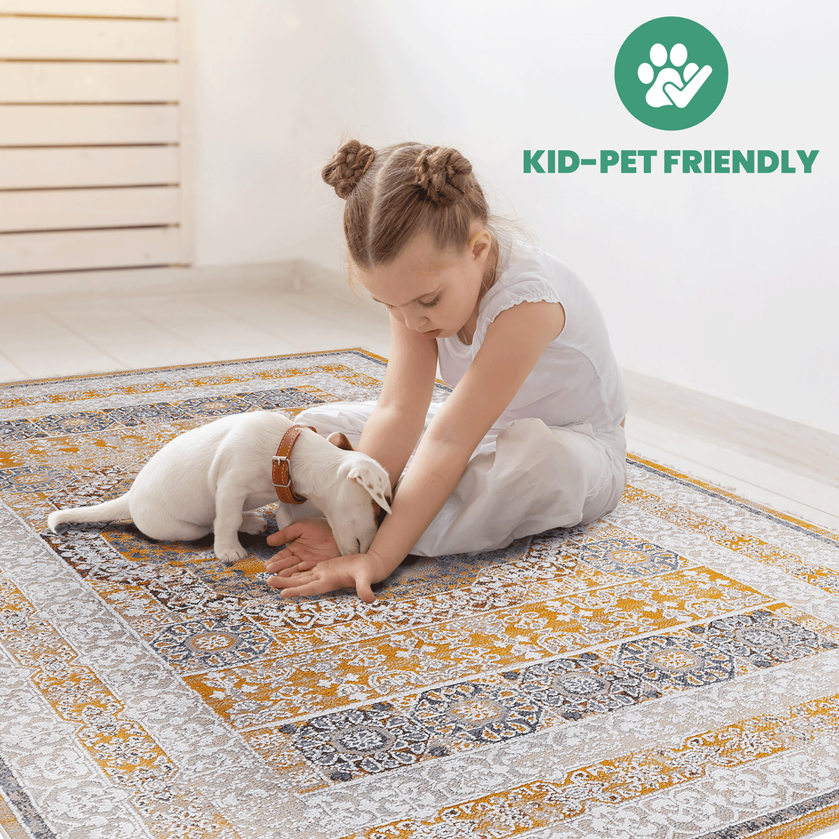 RAINLEX 5' x 7' Medallion Non-Shedding Area Rug in Cream/Ivory