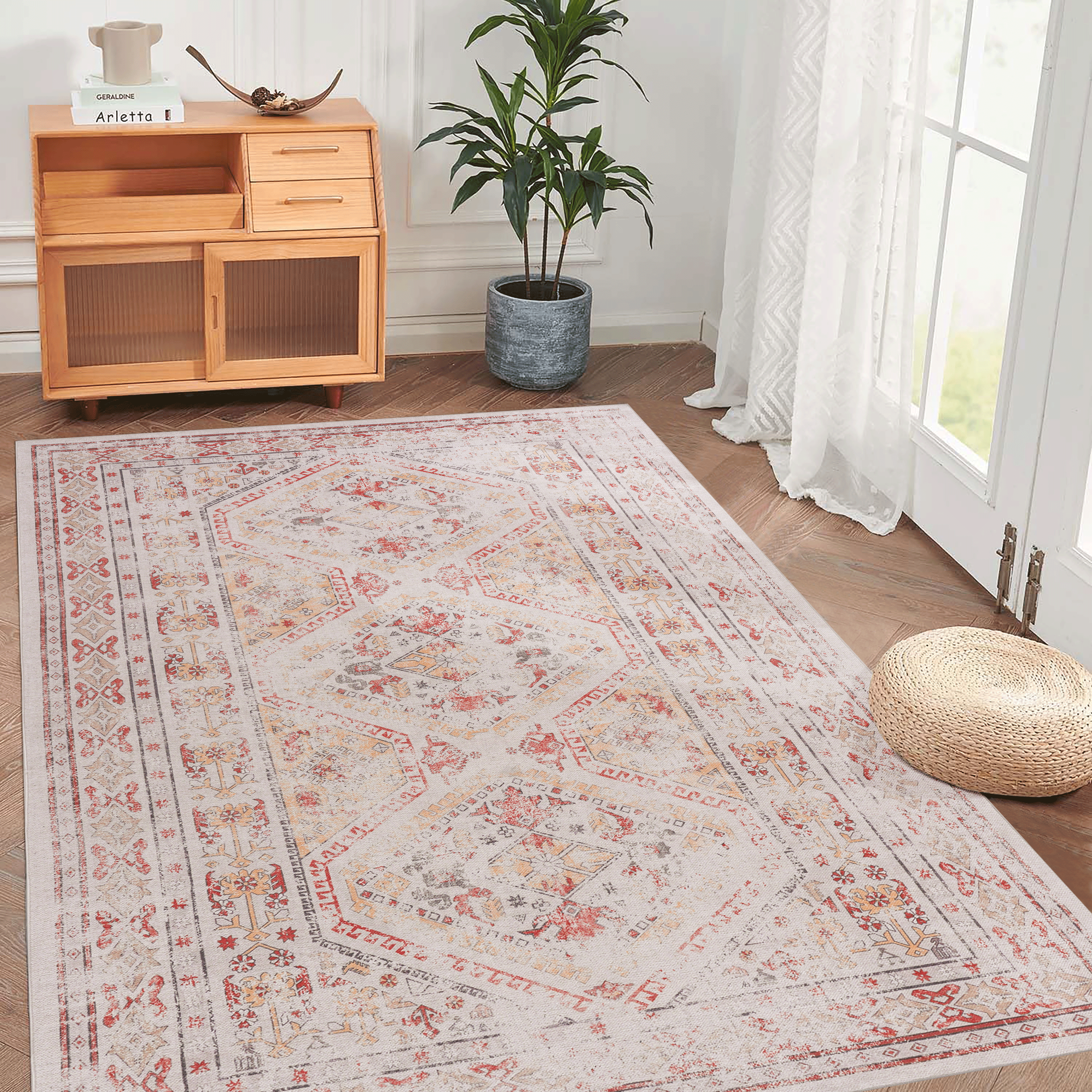 Rainlex 5”x 8” Beige Vintage Area Rug, Soft Low-Pile, Stain-Resistant, Non-Slip